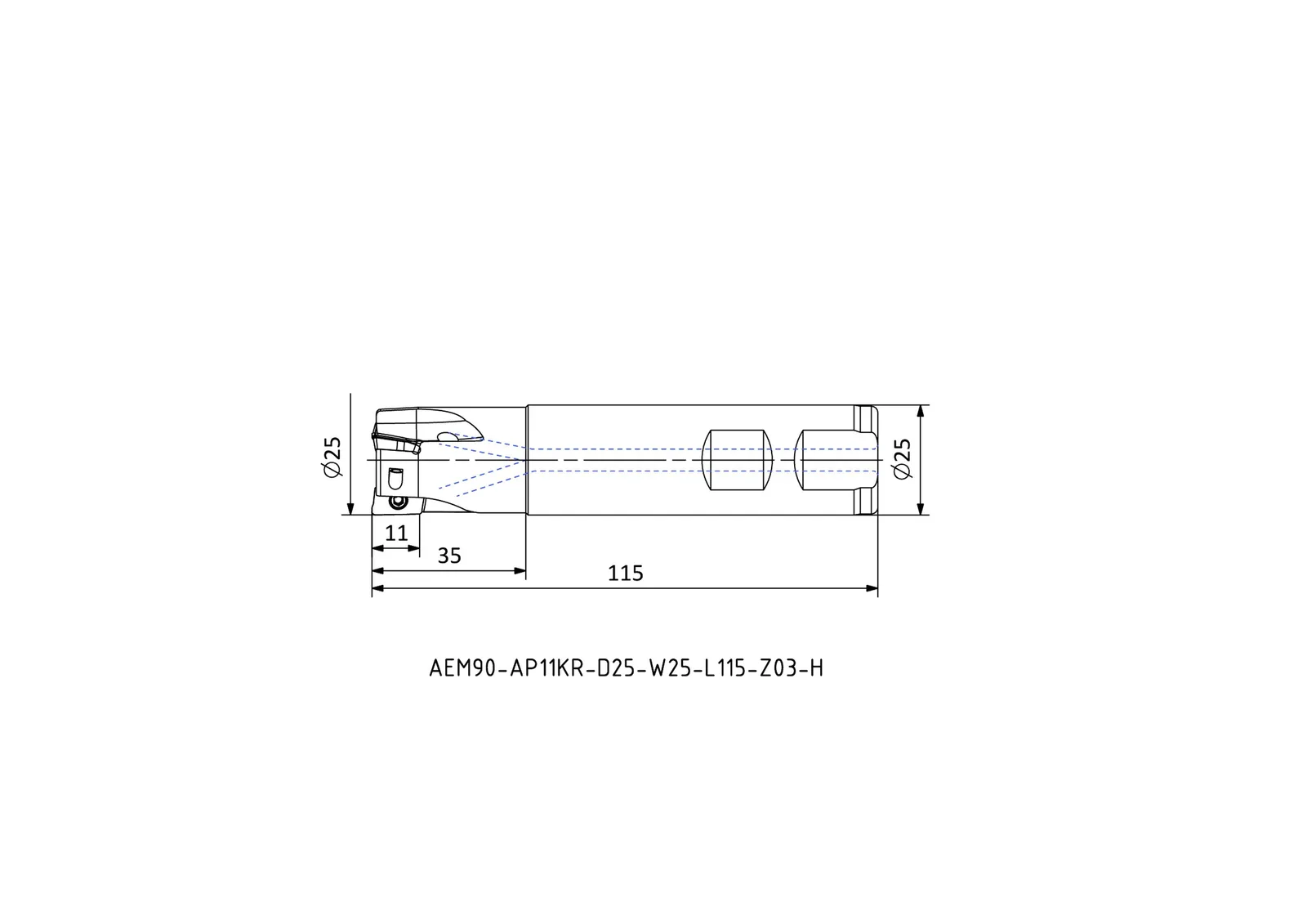 AEM90-AP11KR-D25-W25-L115-Z03-H &mdash; dimensioned drawing