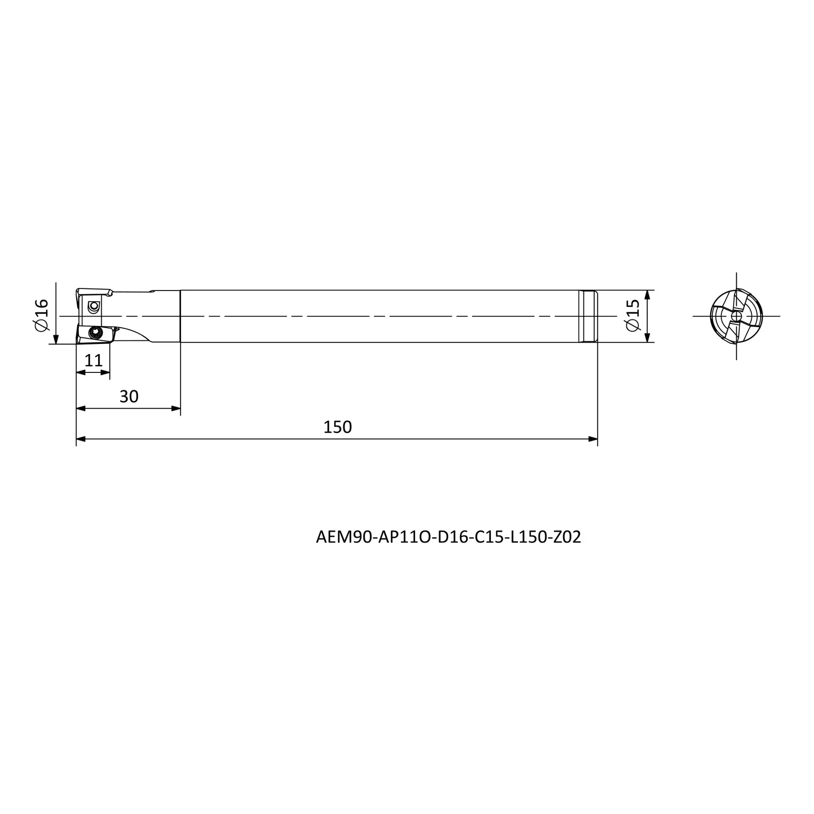 AEM90-AP11O-D16-C15-L150-Z02 &mdash; dimensioned drawing