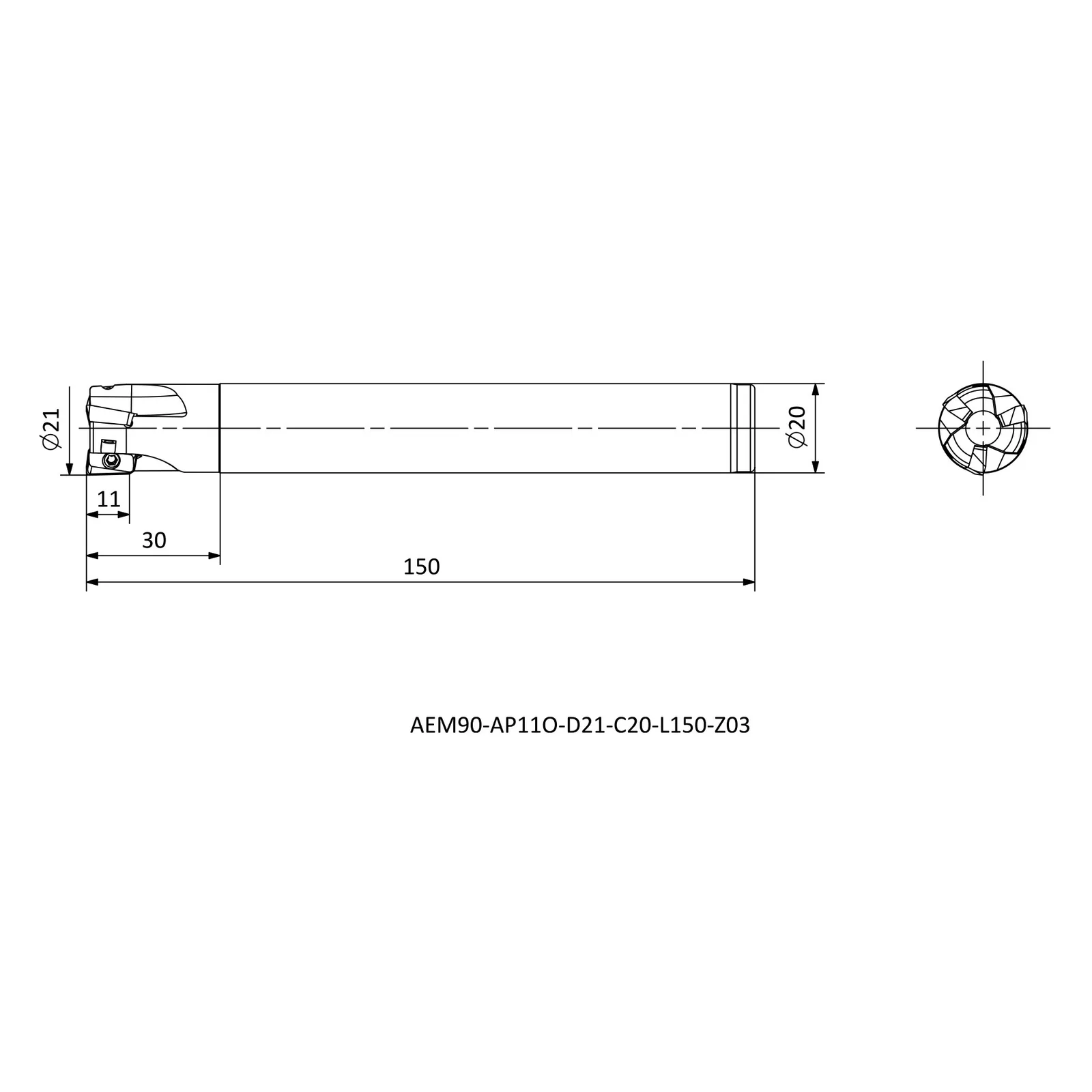 AEM90-AP11O-D21-C20-L150-Z03 &mdash; dimensioned drawing