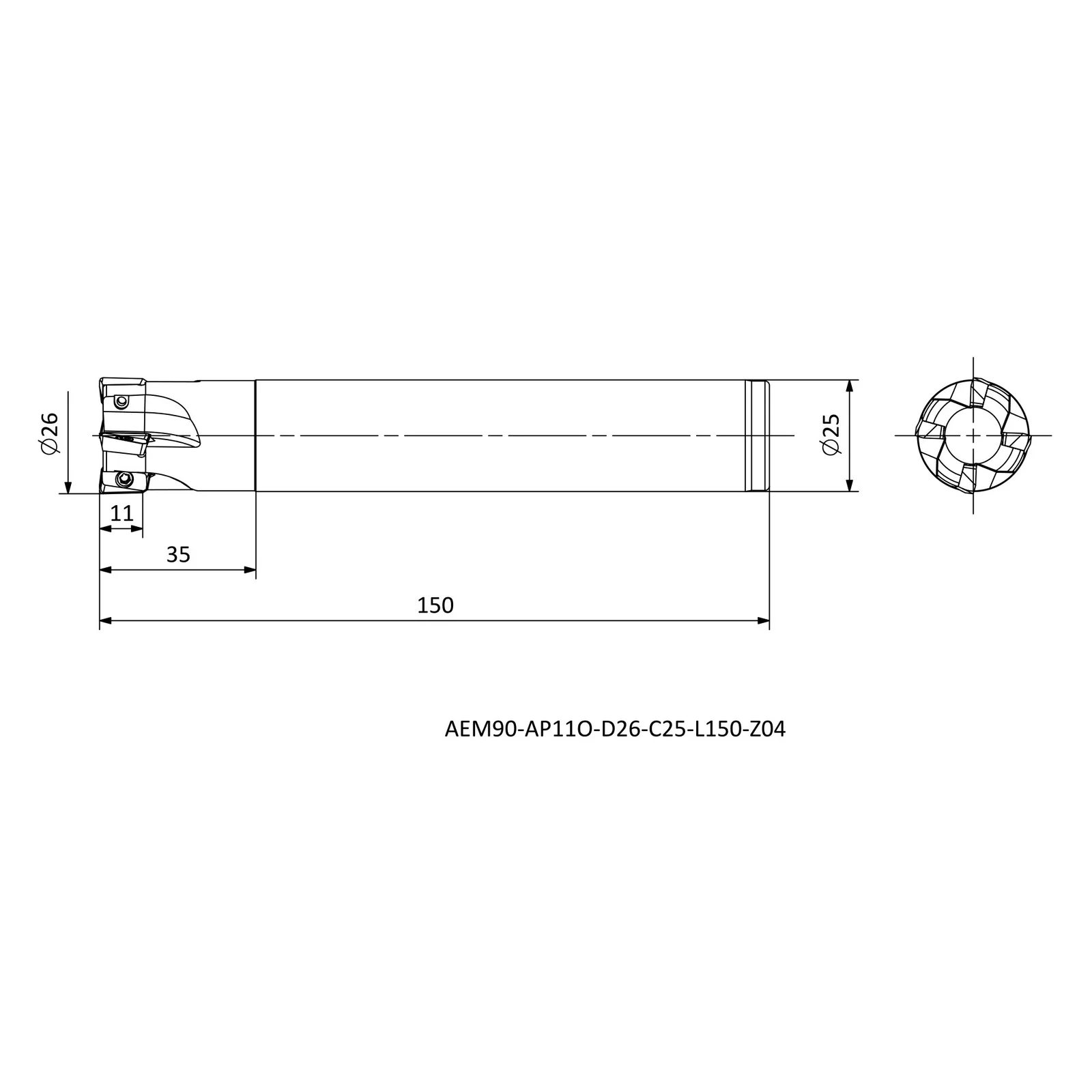 AEM90-AP11O-D26-C25-L150-Z04 &mdash; dimensioned drawing