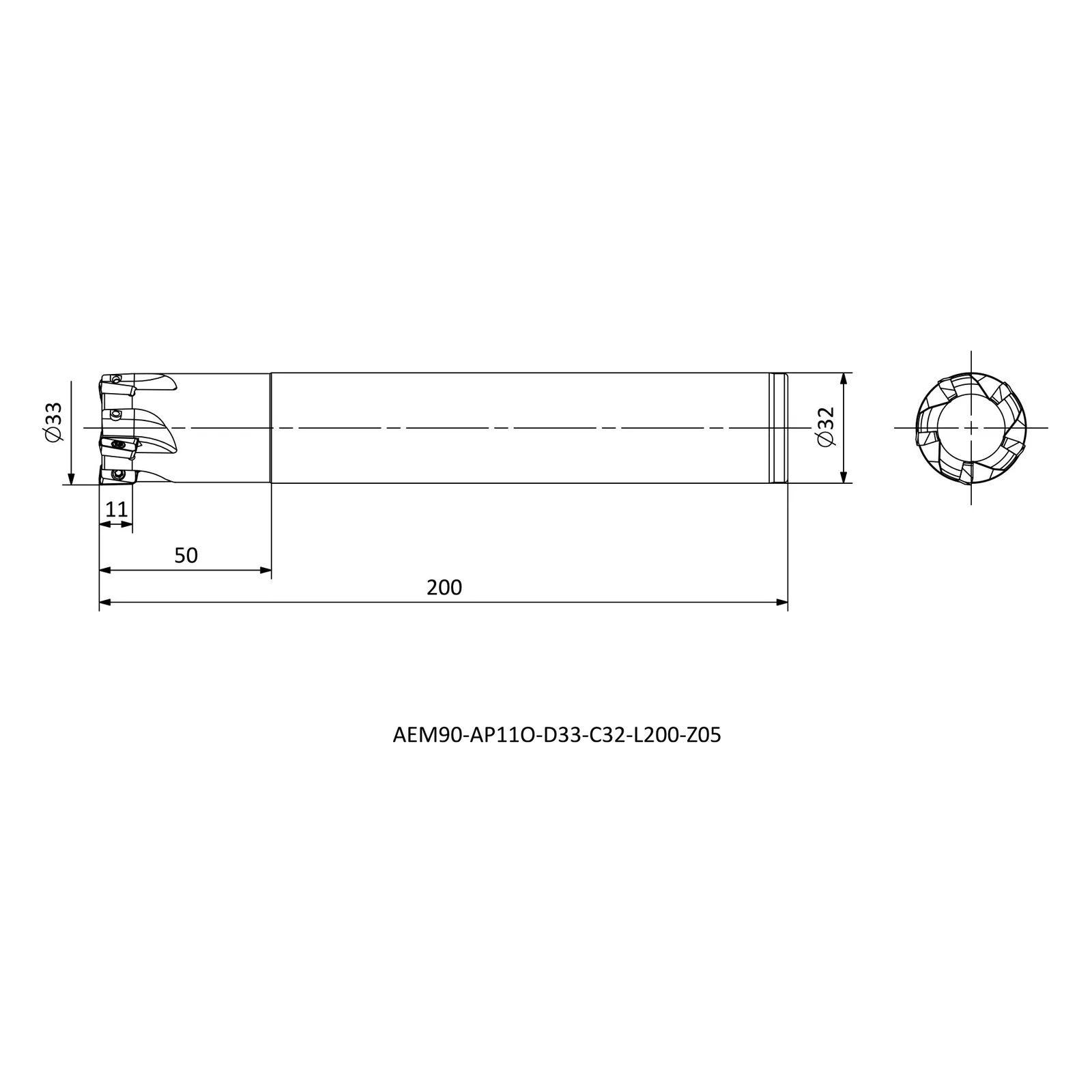 AEM90-AP11O-D33-C32-L200-Z05 &mdash; dimensioned drawing
