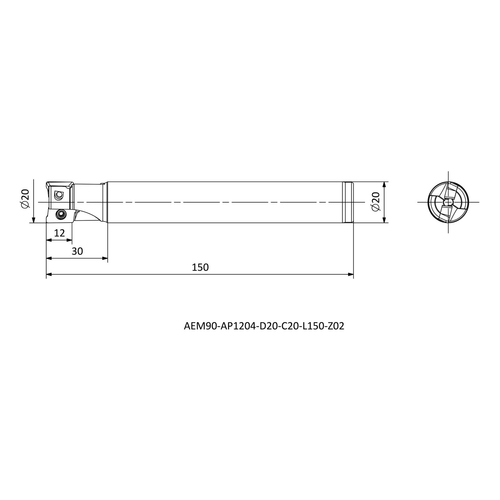 AEM90-AP1204-D20-C20-L150-Z02 &mdash; dimensioned drawing