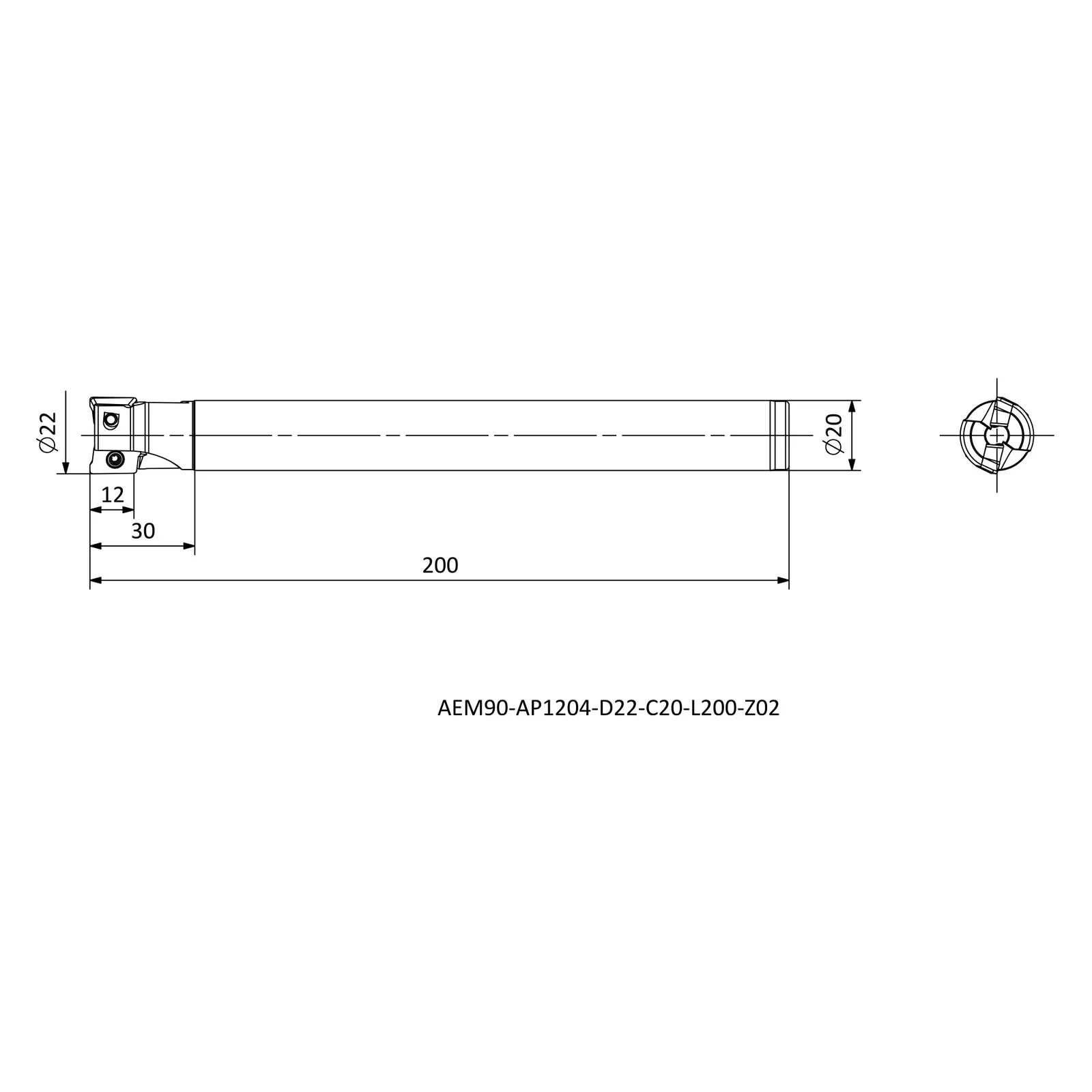 AEM90-AP1204-D22-C20-L200-Z02 &mdash; dimensioned drawing