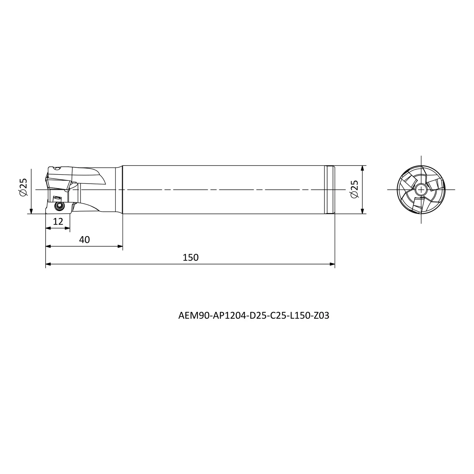 AEM90-AP1204-D25-C25-L150-Z03 &mdash; dimensioned drawing