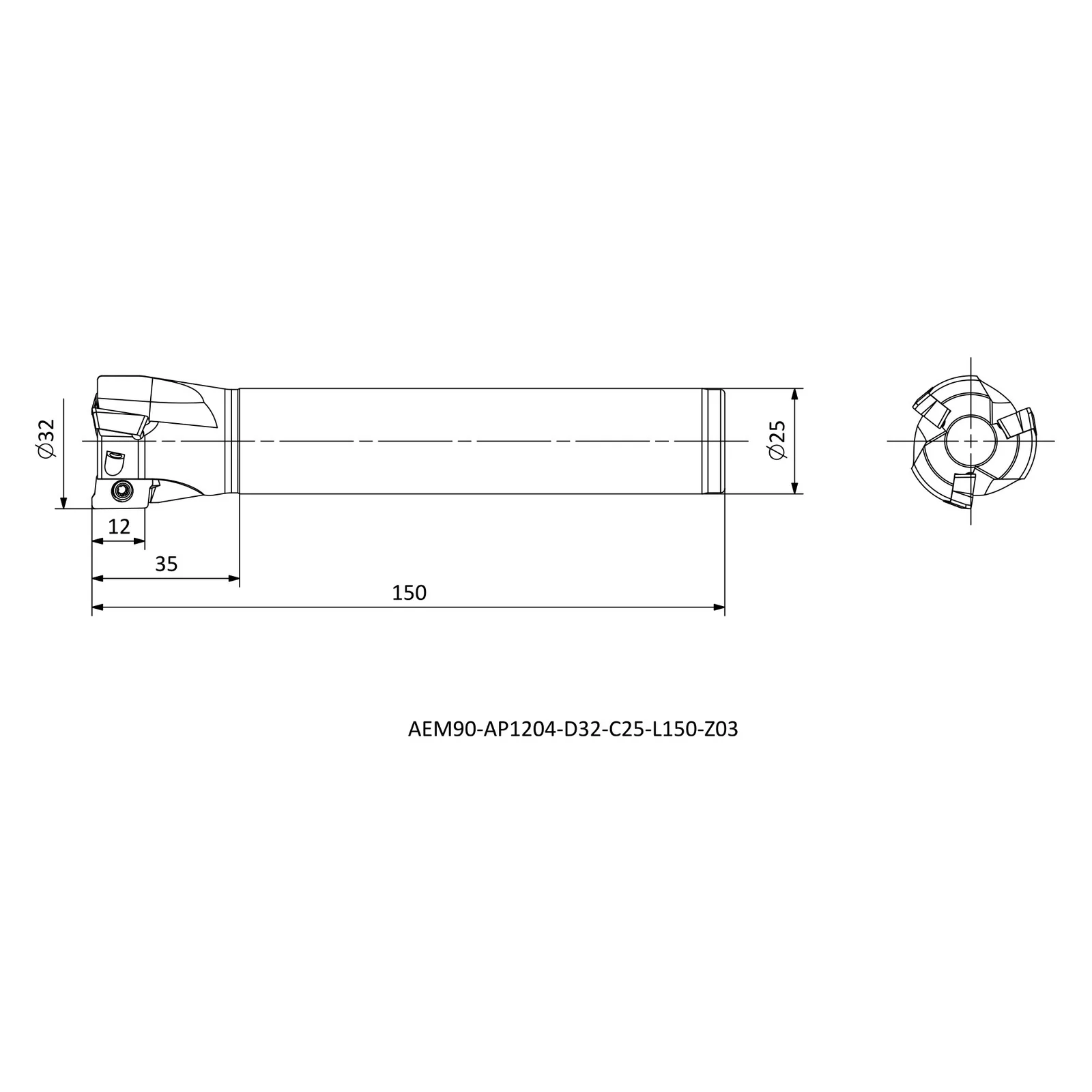AEM90-AP1204-D32-C25-L150-Z03 &mdash; dimensioned drawing