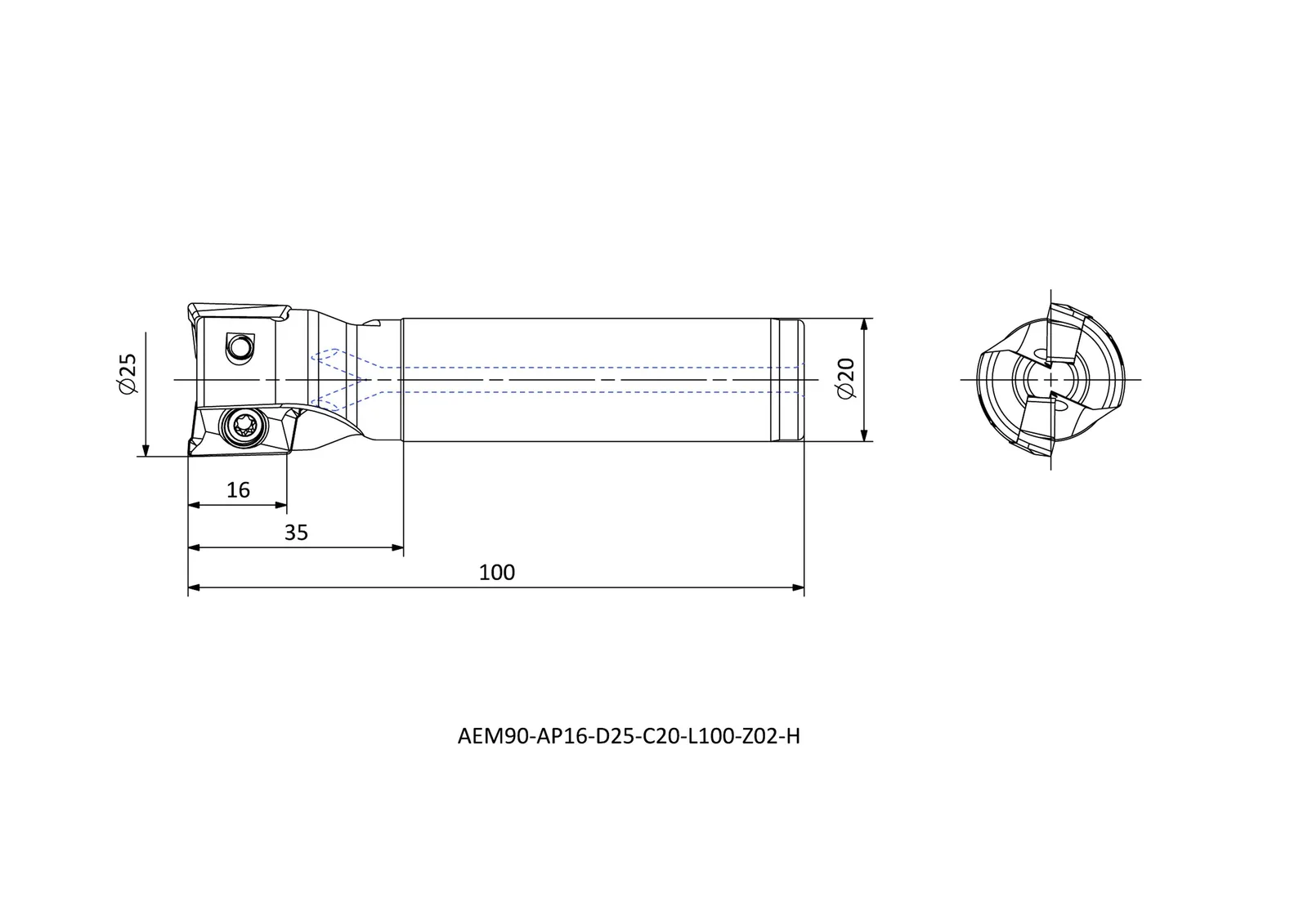 AEM90-AP16-D25-C20-L100-Z02-H &mdash; dimensioned drawing