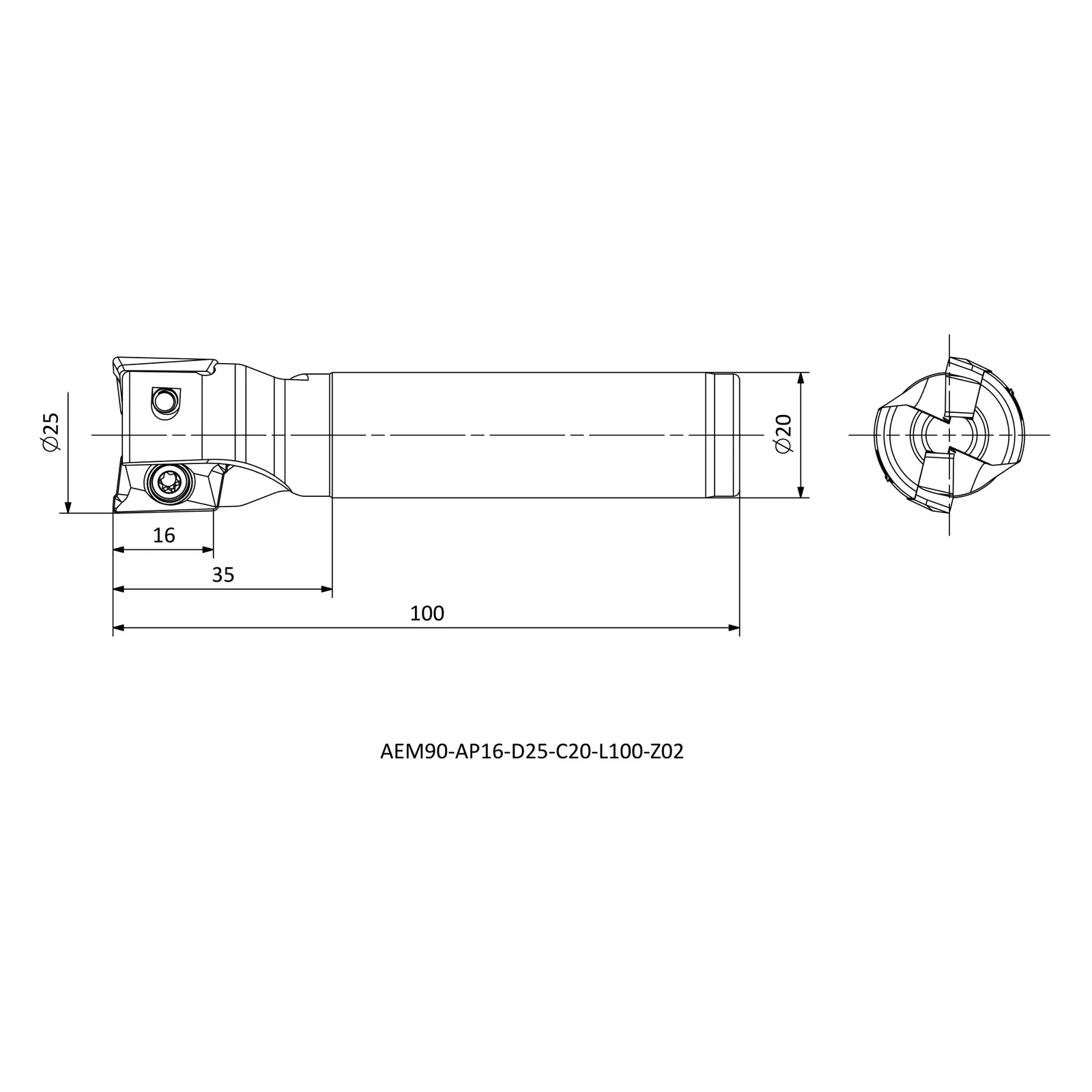 AEM90-AP16-D25-C20-L100-Z02 &mdash; dimensioned drawing