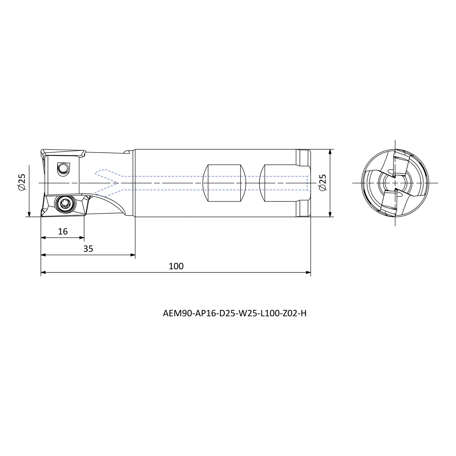 AEM90-AP16-D25-W25-L100-Z02-H &mdash; dimensioned drawing
