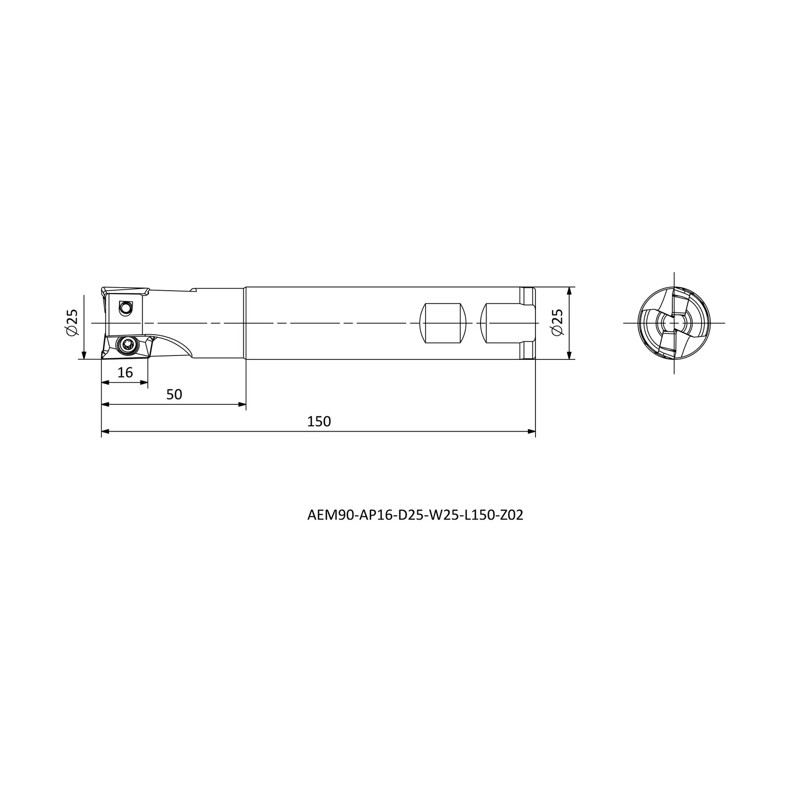 AEM90-AP16-D25-W25-L150-Z02 &mdash; dimensioned drawing