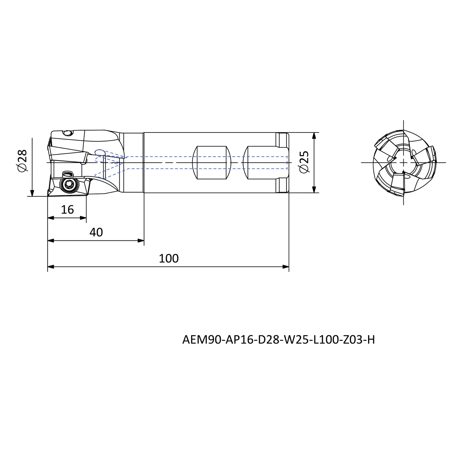 AEM90-AP16-D28-W25-L100-Z03-H &mdash; dimensioned drawing
