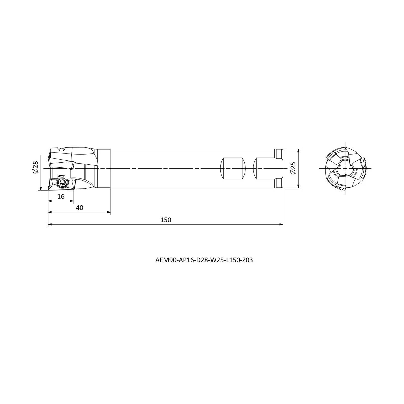 AEM90-AP16-D28-W25-L150-Z03 &mdash; dimensioned drawing
