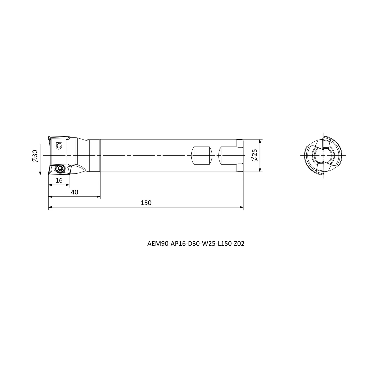 AEM90-AP16-D30-W25-L150-Z02 &mdash; dimensioned drawing