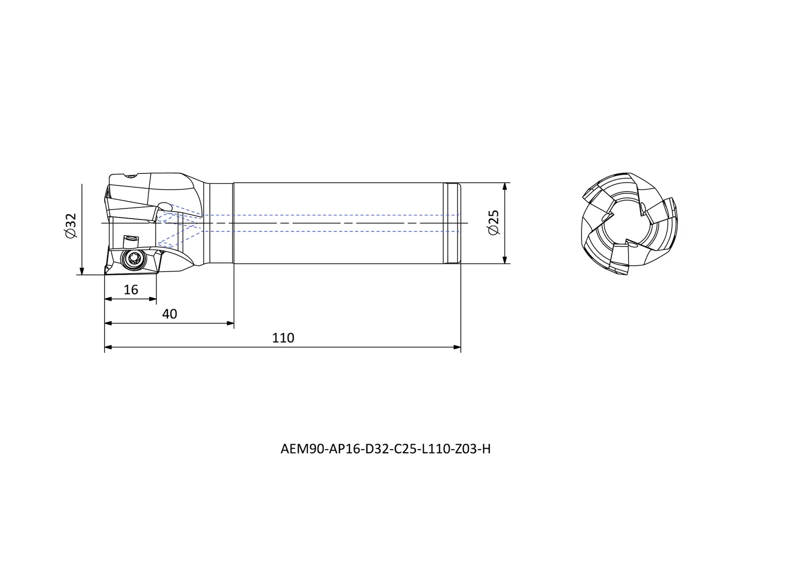AEM90-AP16-D32-C25-L110-Z03-H &mdash; dimensioned drawing