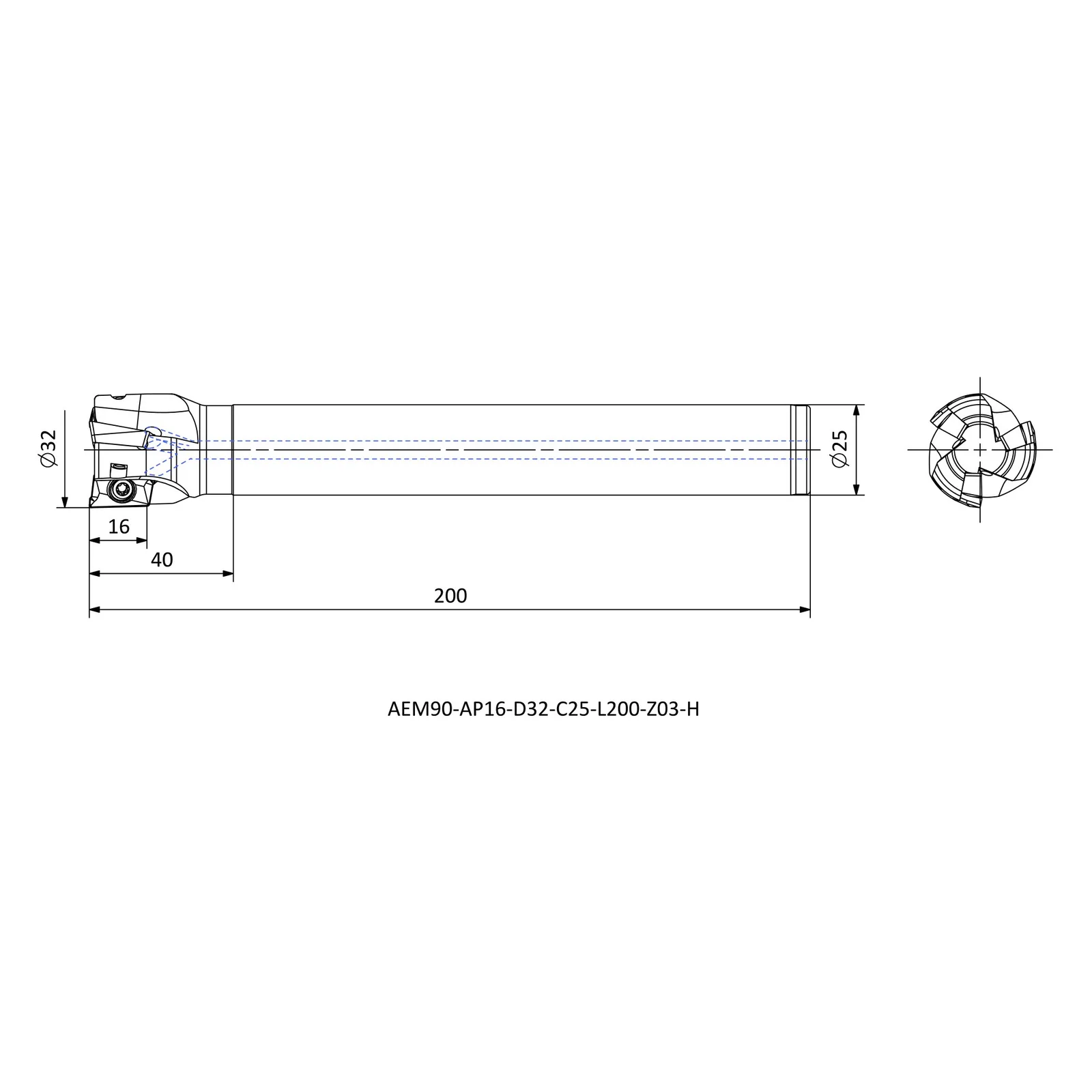 AEM90-AP16-D32-C25-L200-Z03-H &mdash; dimensioned drawing