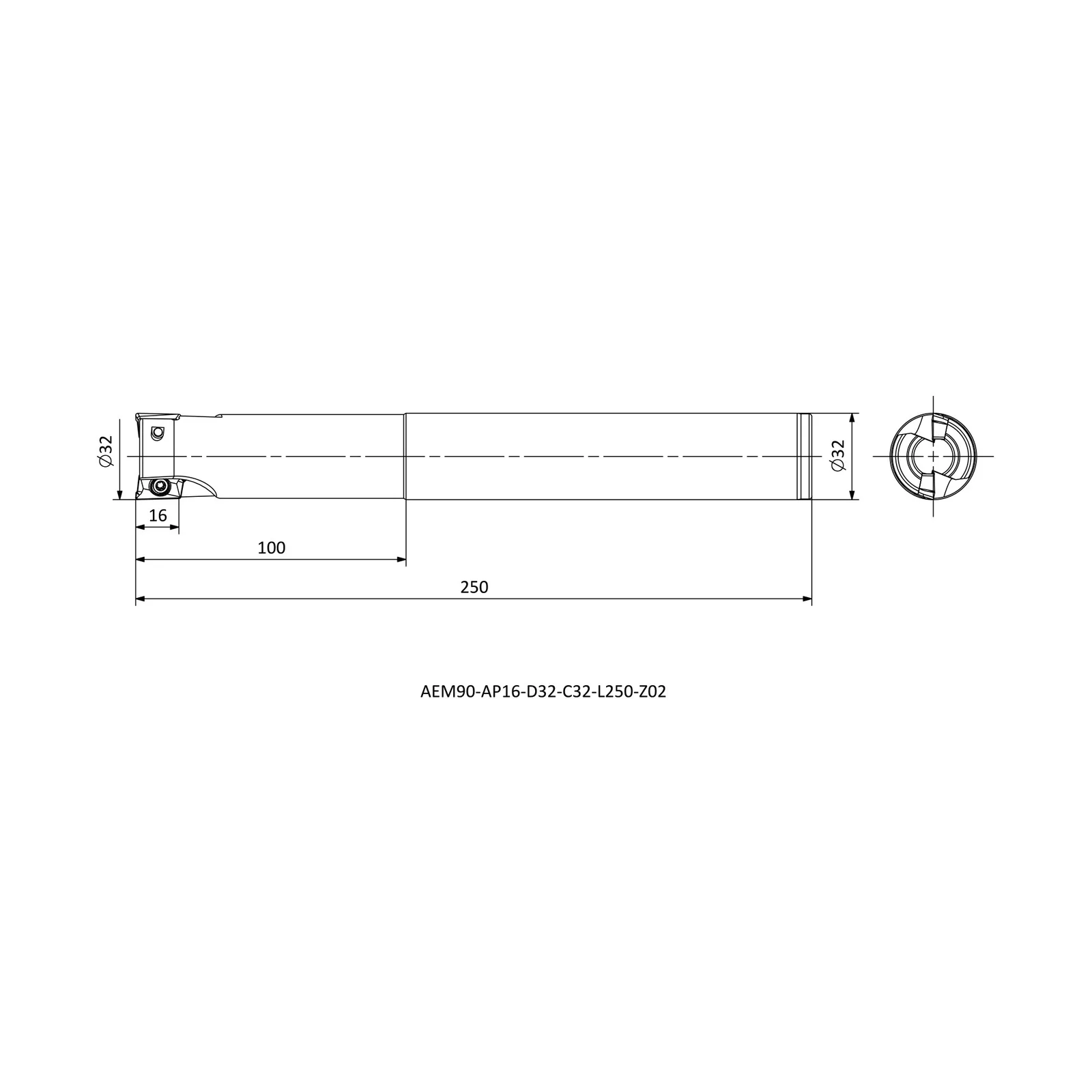 AEM90-AP16-D32-C32-L250-Z02 &mdash; dimensioned drawing