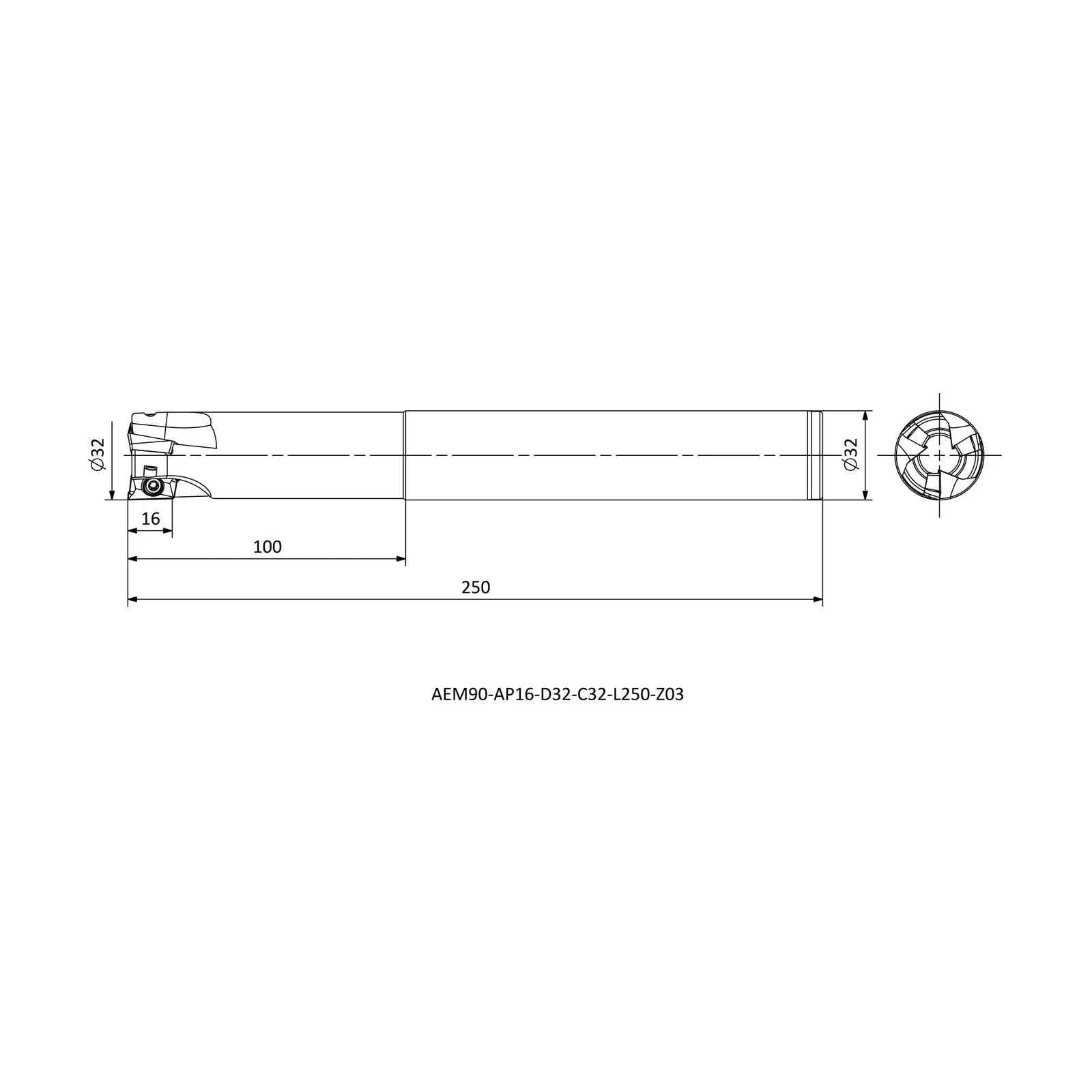 AEM90-AP16-D32-C32-L250-Z03 &mdash; dimensioned drawing