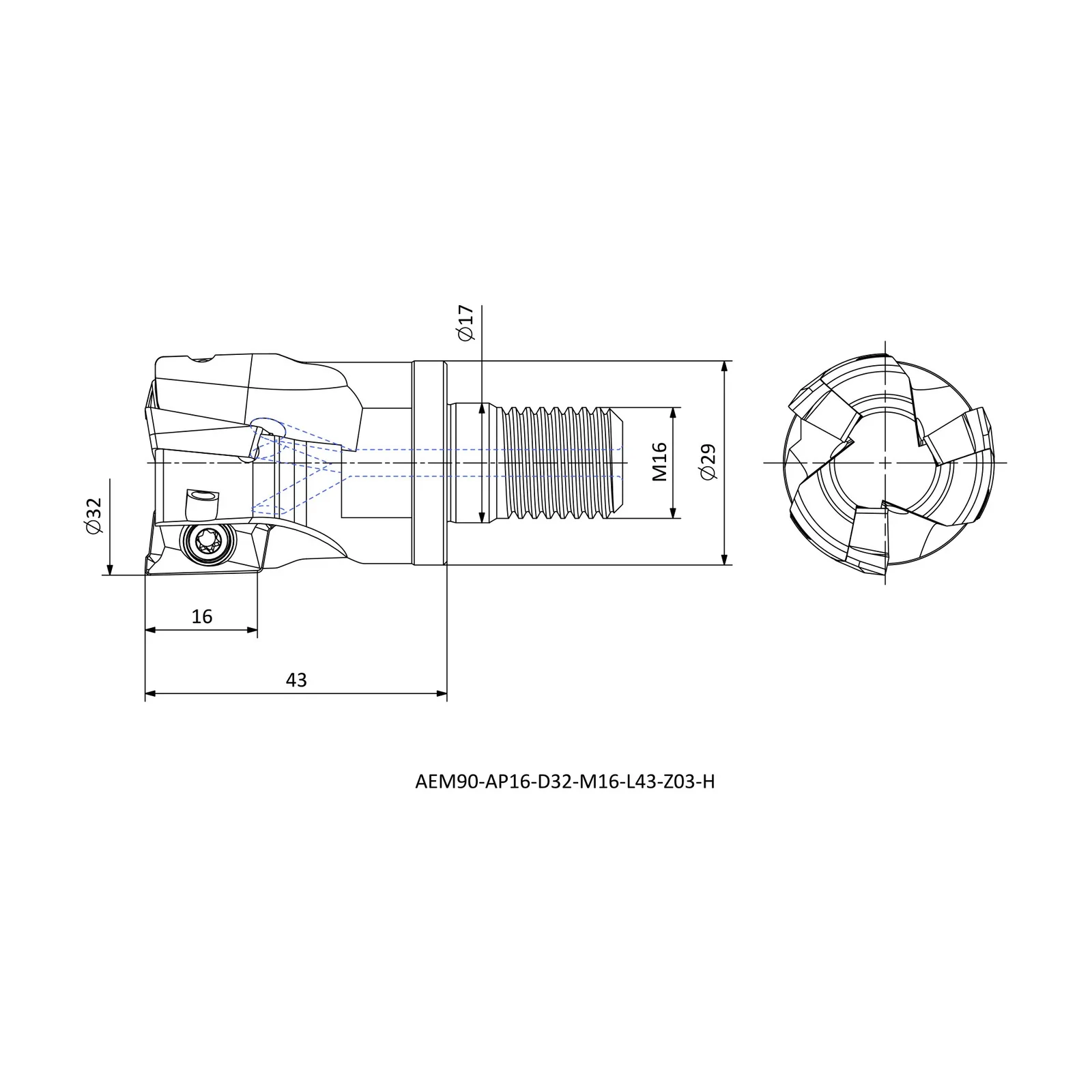 AEM90-AP16-D32-M16-L43-Z03-H &mdash; dimensioned drawing