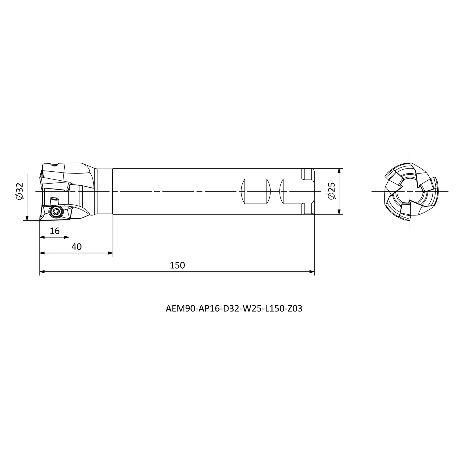 AEM90-AP16-D32-W25-L150-Z03 &mdash; dimensioned drawing