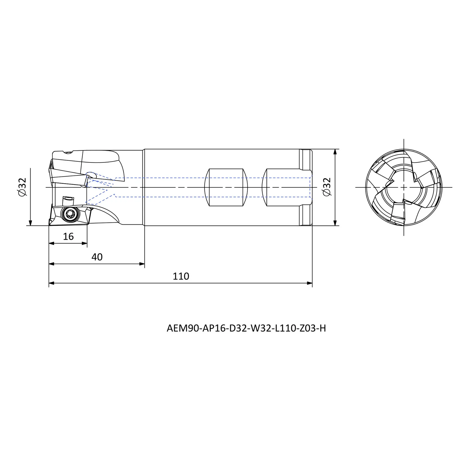 AEM90-AP16-D32-W32-L110-Z03-H &mdash; dimensioned drawing