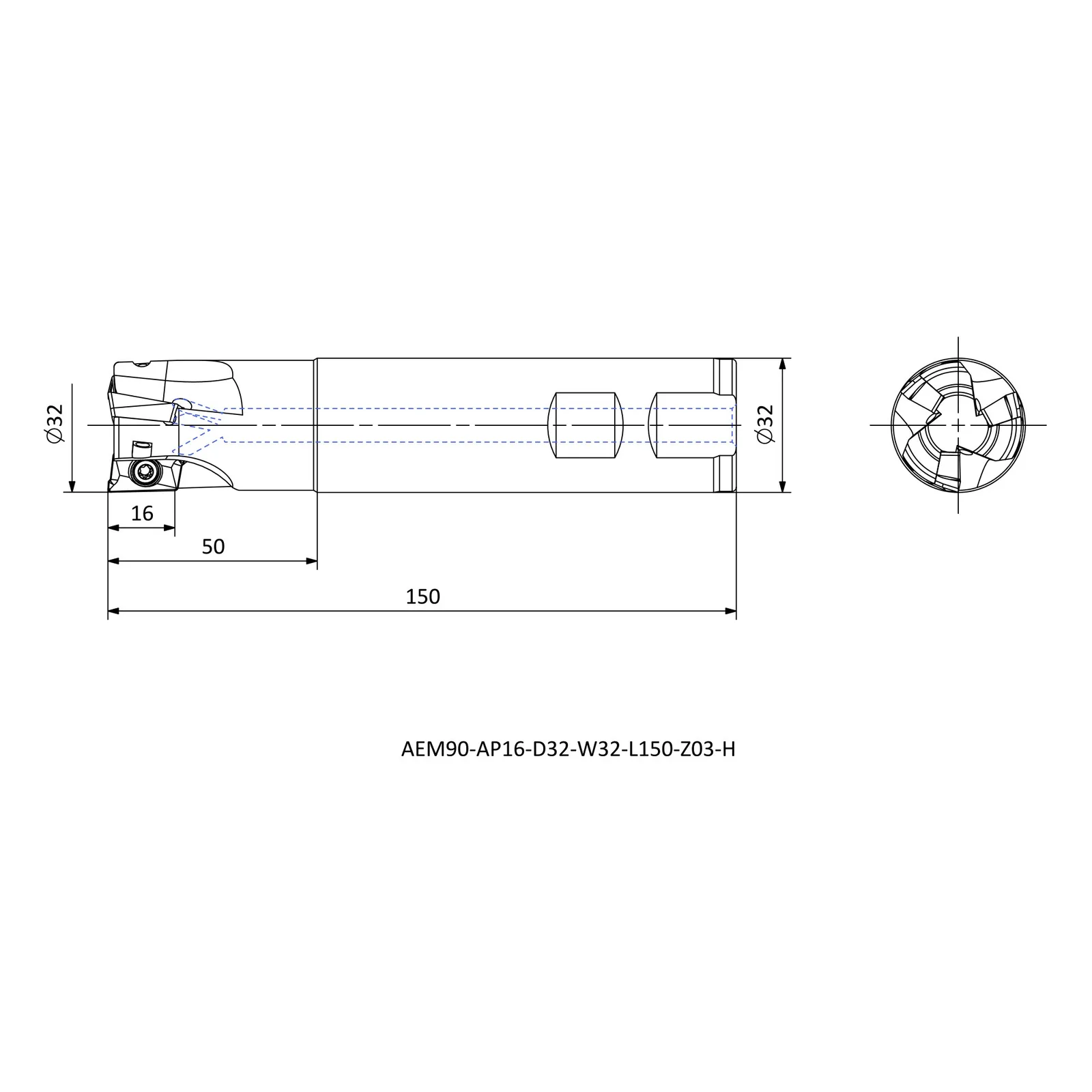 AEM90-AP16-D32-W32-L150-Z03-H &mdash; dimensioned drawing