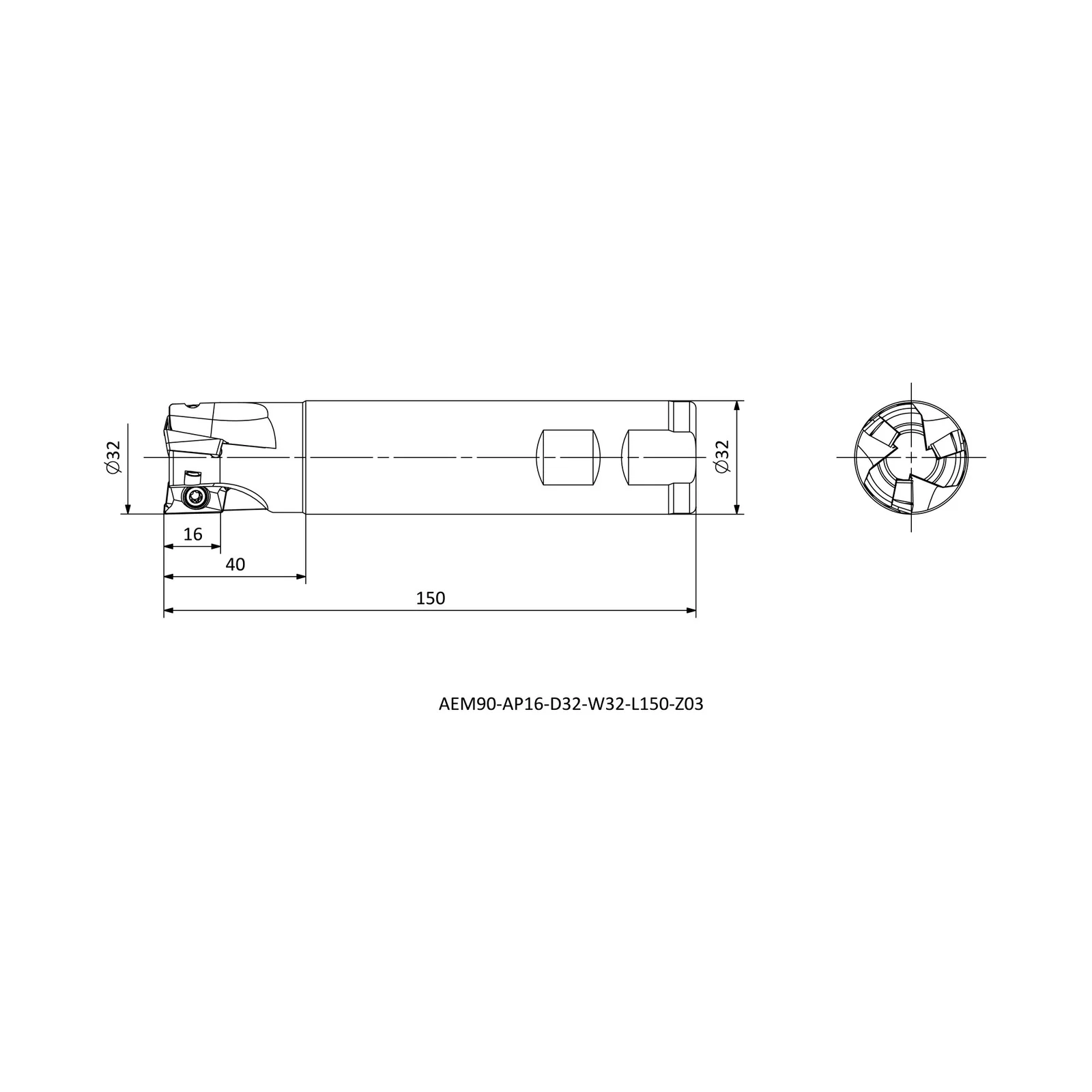 AEM90-AP16-D32-W32-L150-Z03 &mdash; dimensioned drawing