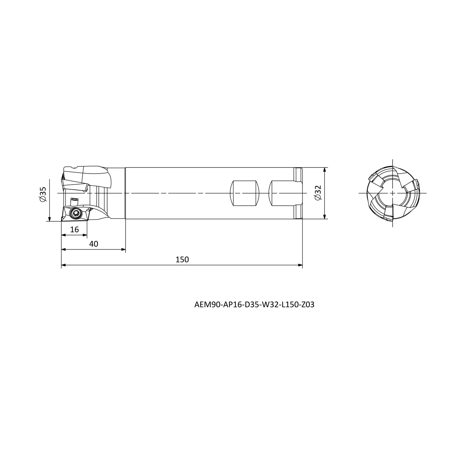 AEM90-AP16-D35-W32-L150-Z03 &mdash; dimensioned drawing