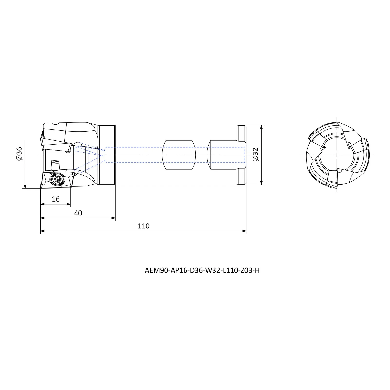 AEM90-AP16-D36-W32-L110-Z03-H &mdash; dimensioned drawing