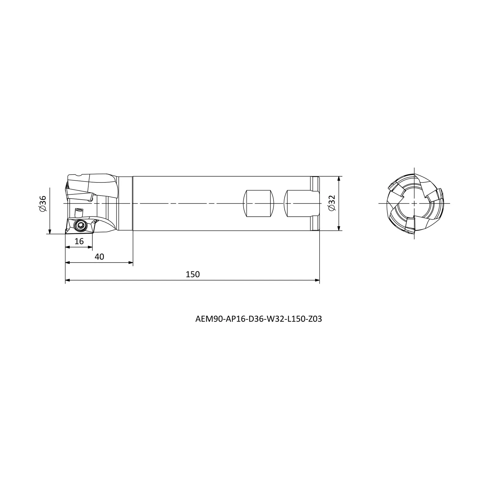 AEM90-AP16-D36-W32-L150-Z03 &mdash; dimensioned drawing