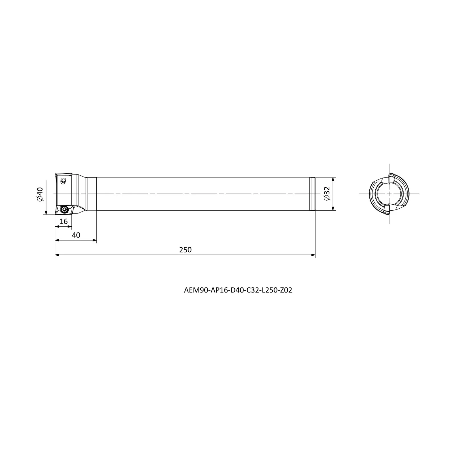 AEM90-AP16-D40-C32-L250-Z02 &mdash; dimensioned drawing