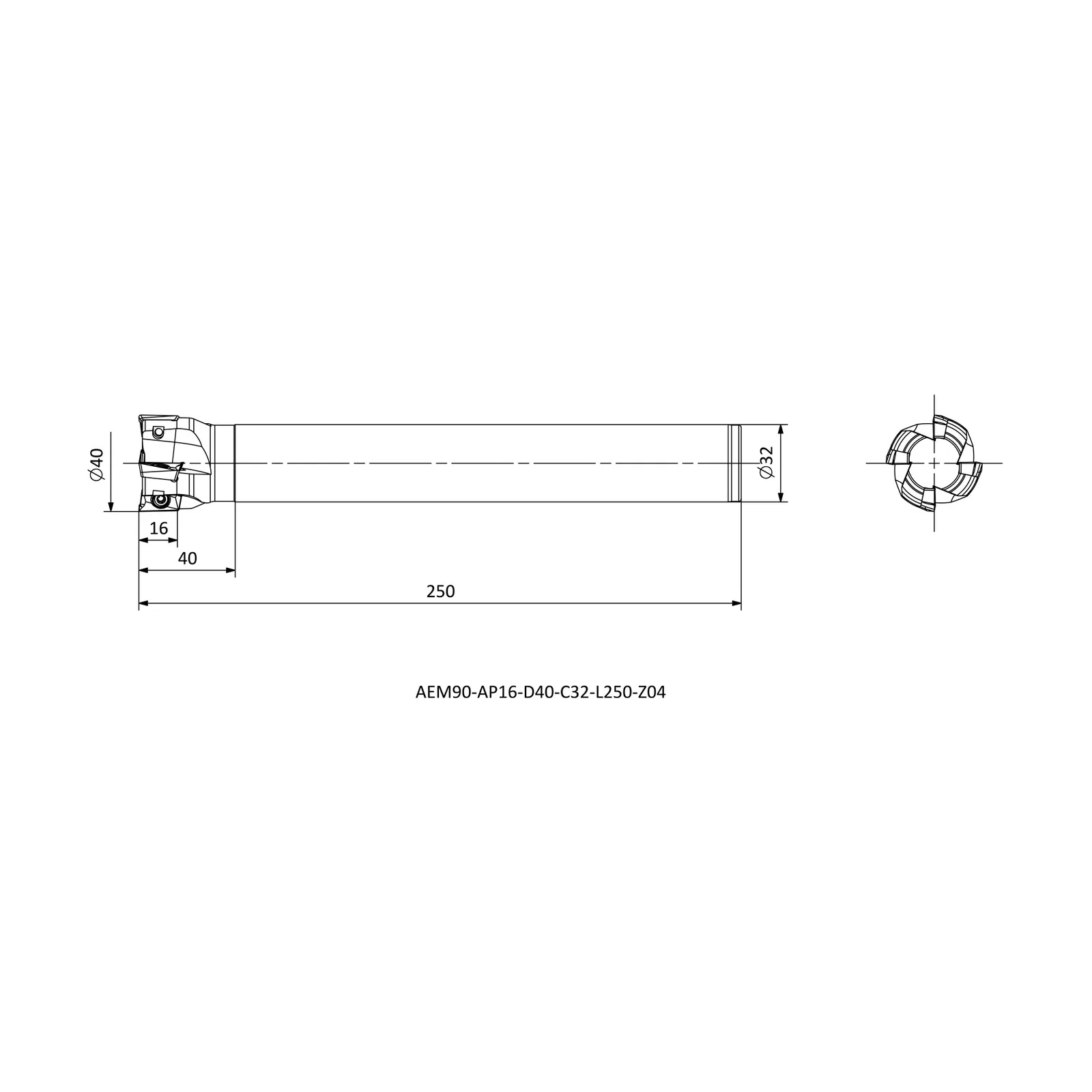 AEM90-AP16-D40-C32-L250-Z04 &mdash; dimensioned drawing