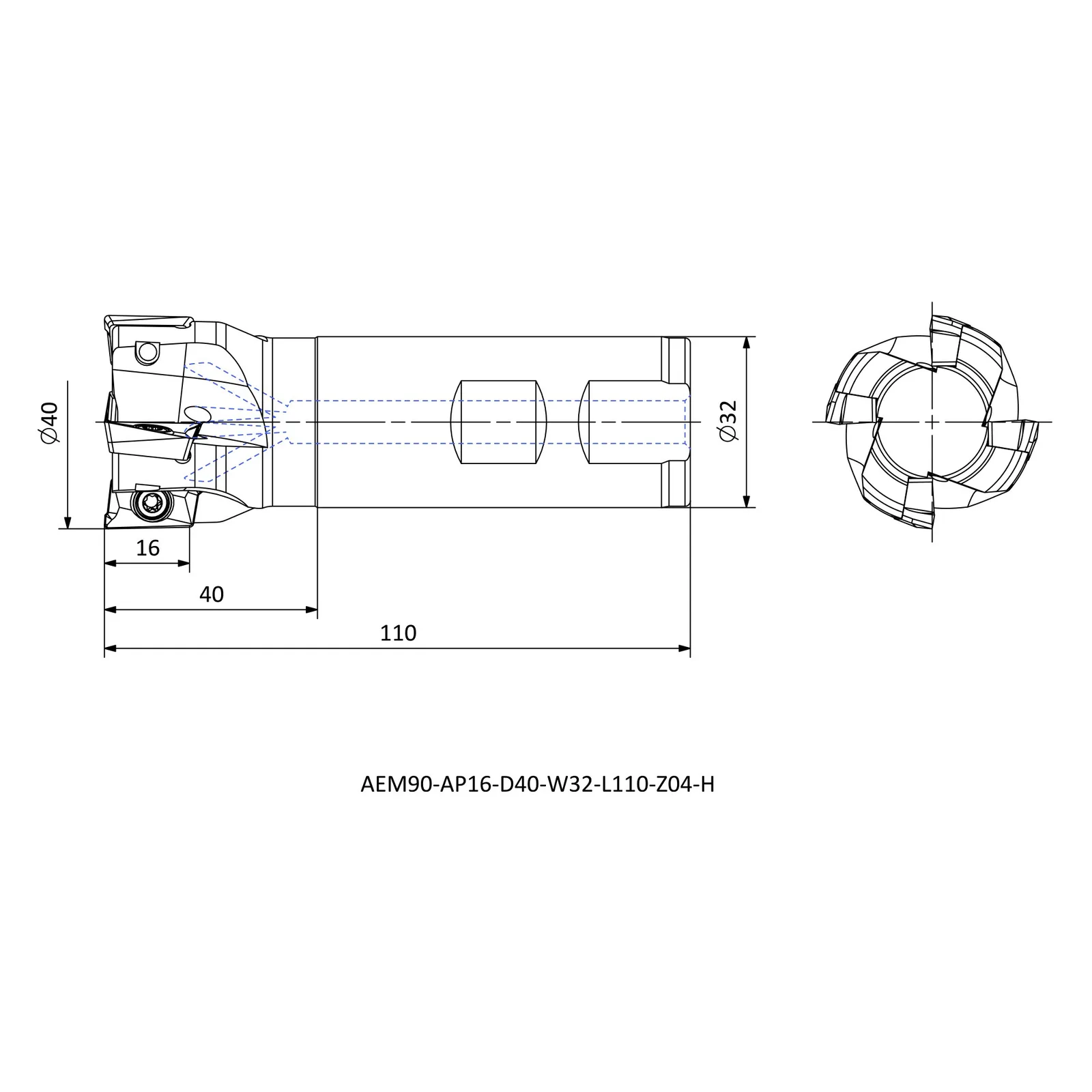 AEM90-AP16-D40-W32-L110-Z04-H &mdash; dimensioned drawing