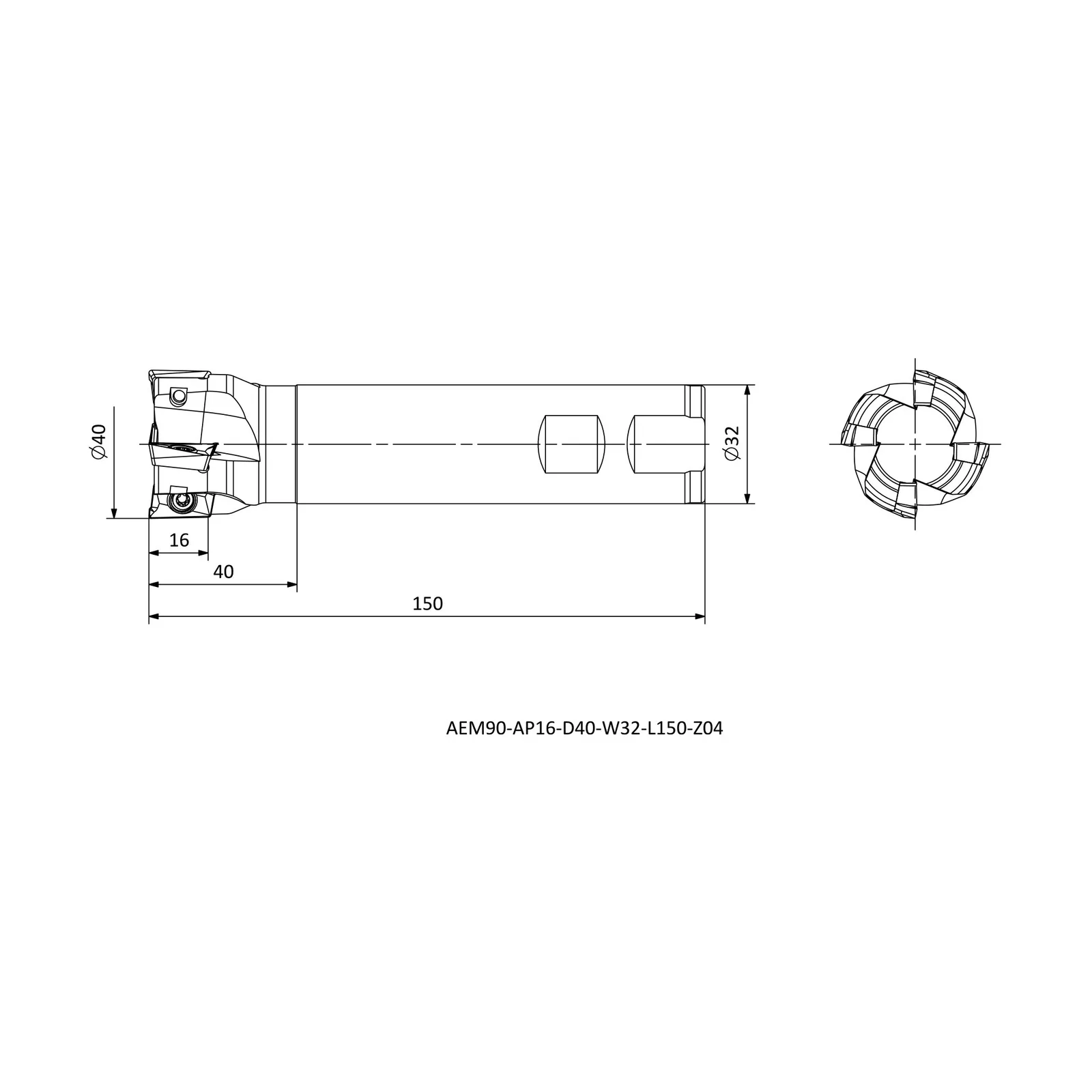 AEM90-AP16-D40-W32-L150-Z04 &mdash; dimensioned drawing