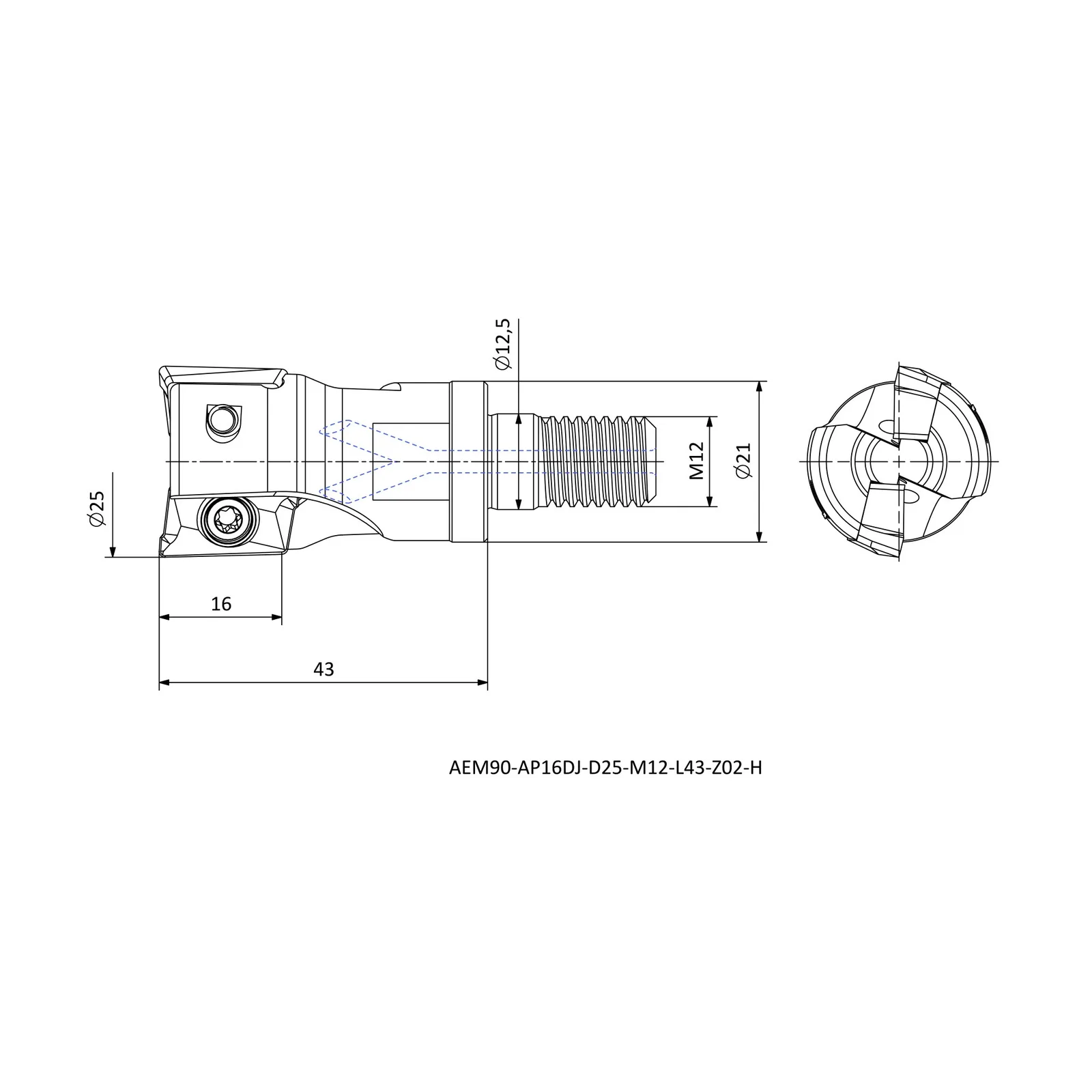 AEM90-AP16DJ-D25-M12-L43-Z02-H &mdash; dimensioned drawing