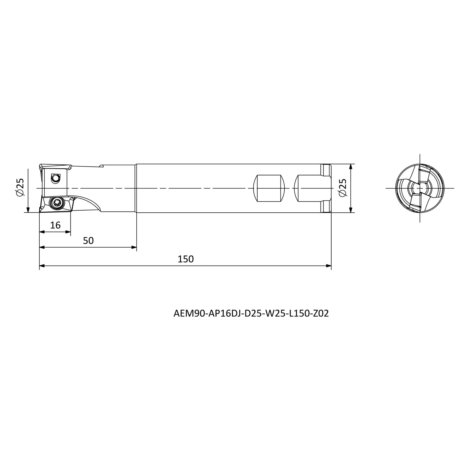 AEM90-AP16DJ-D25-W25-L150-Z02 &mdash; dimensioned drawing