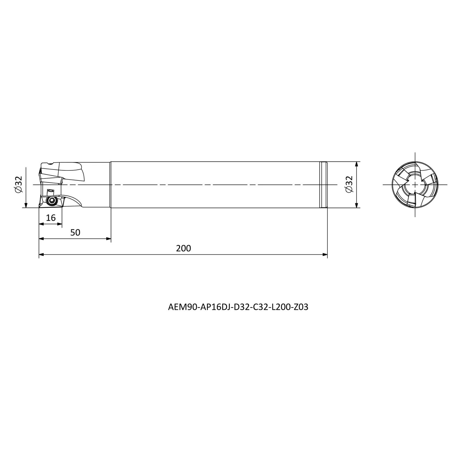 AEM90-AP16DJ-D32-C32-L200-Z03 &mdash; dimensioned drawing