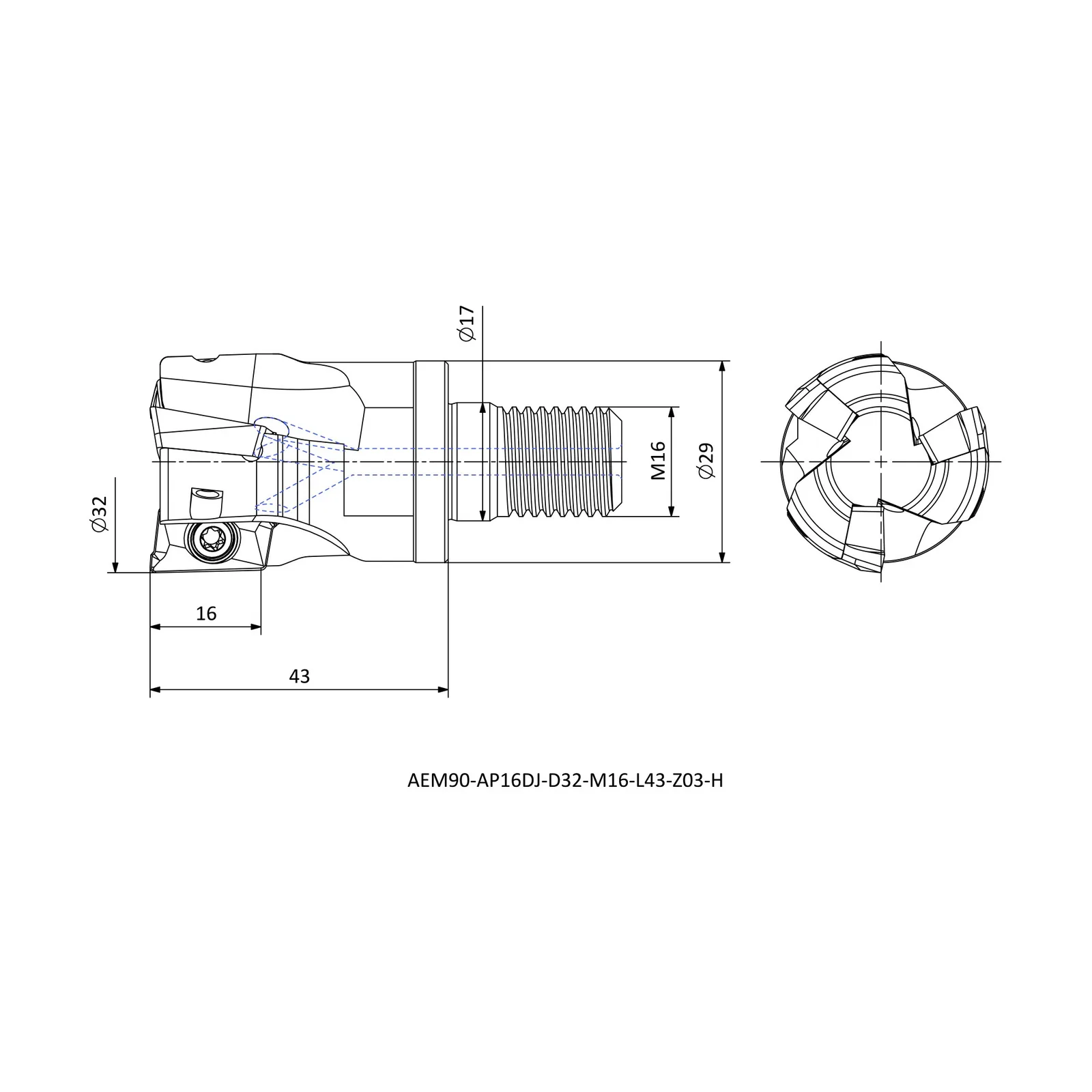 AEM90-AP16DJ-D32-M16-L43-Z03-H &mdash; dimensioned drawing