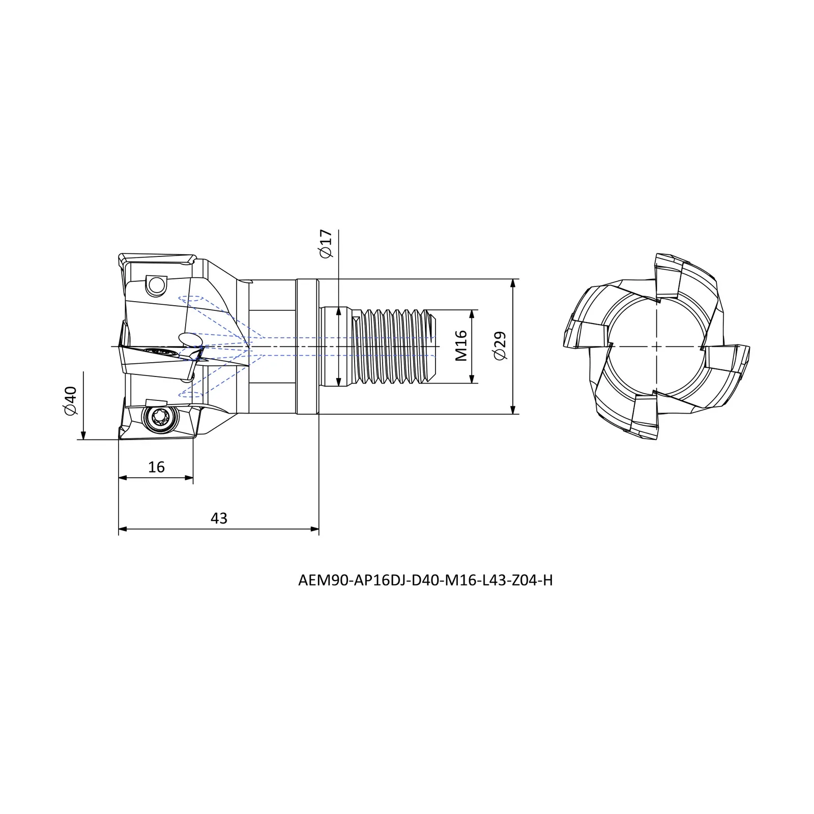 AEM90-AP16DJ-D40-M16-L43-Z04-H &mdash; dimensioned drawing