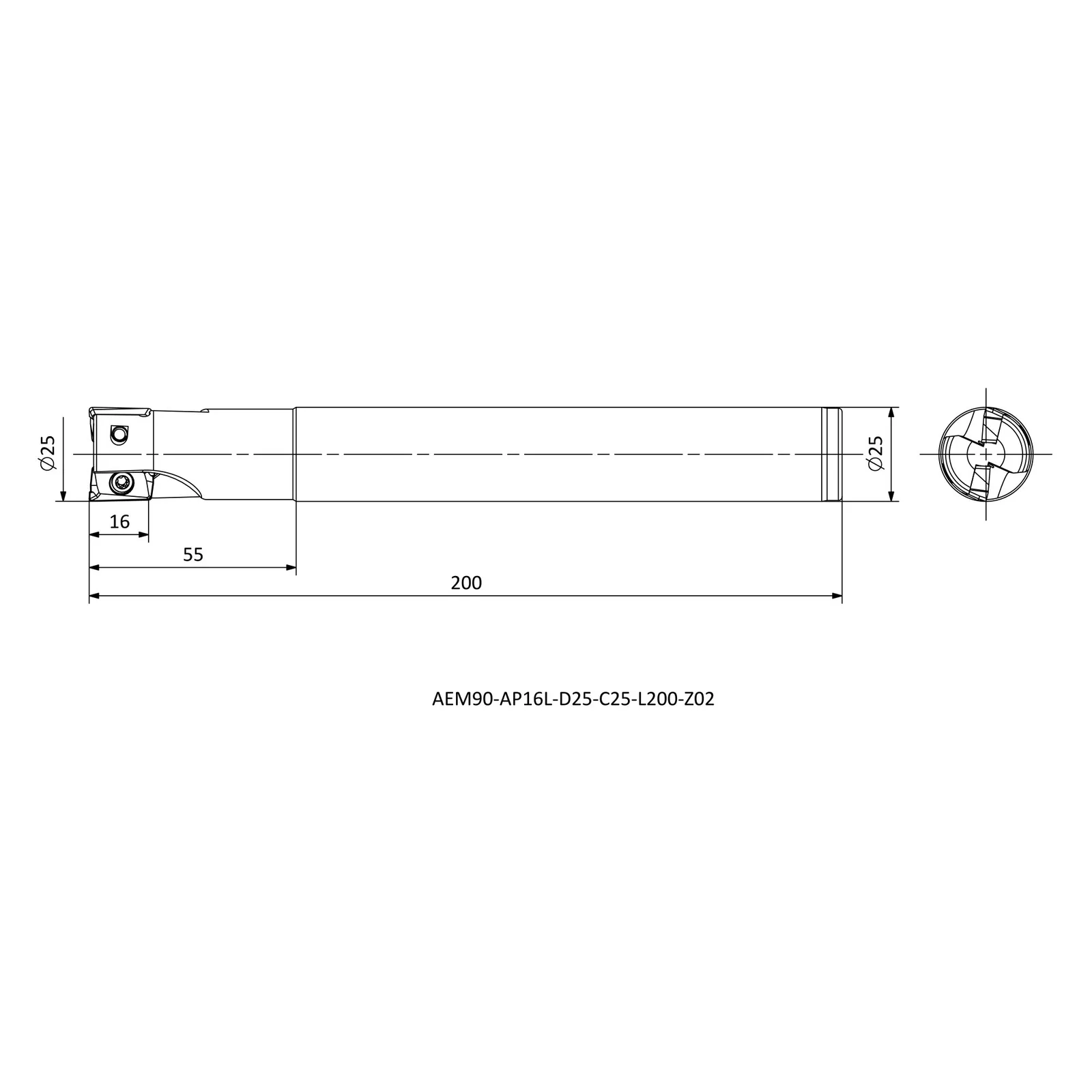 AEM90-AP16L-D25-C25-L200-Z02 &mdash; dimensioned drawing