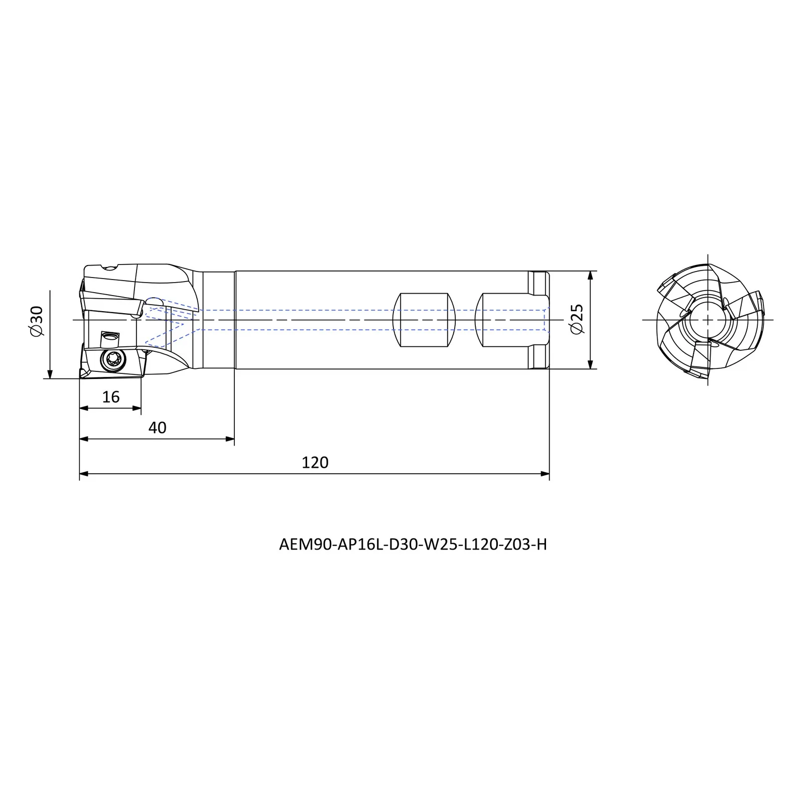 AEM90-AP16L-D30-W25-L120-Z03-H &mdash; dimensioned drawing