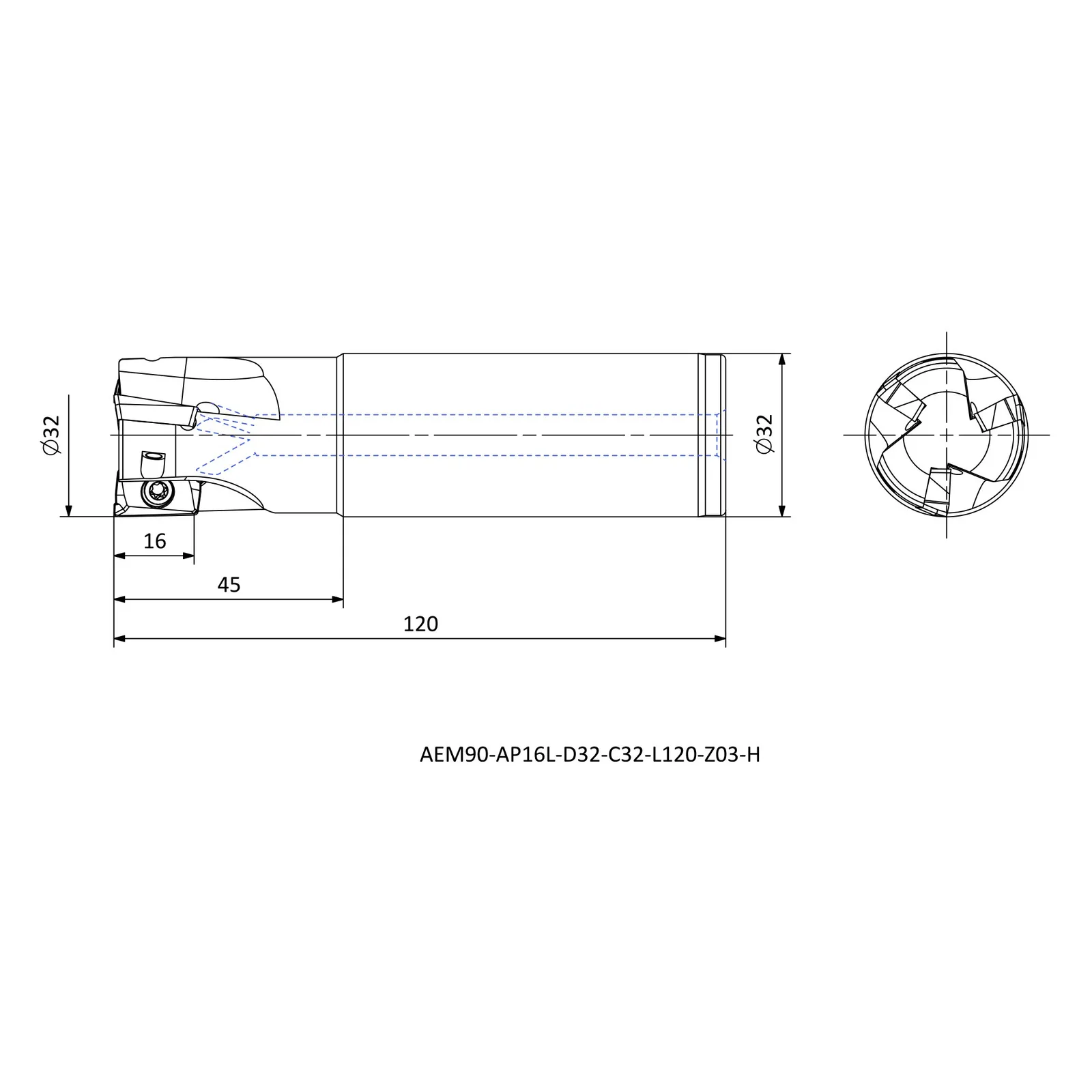 AEM90-AP16L-D32-C32-L120-Z03-H &mdash; dimensioned drawing