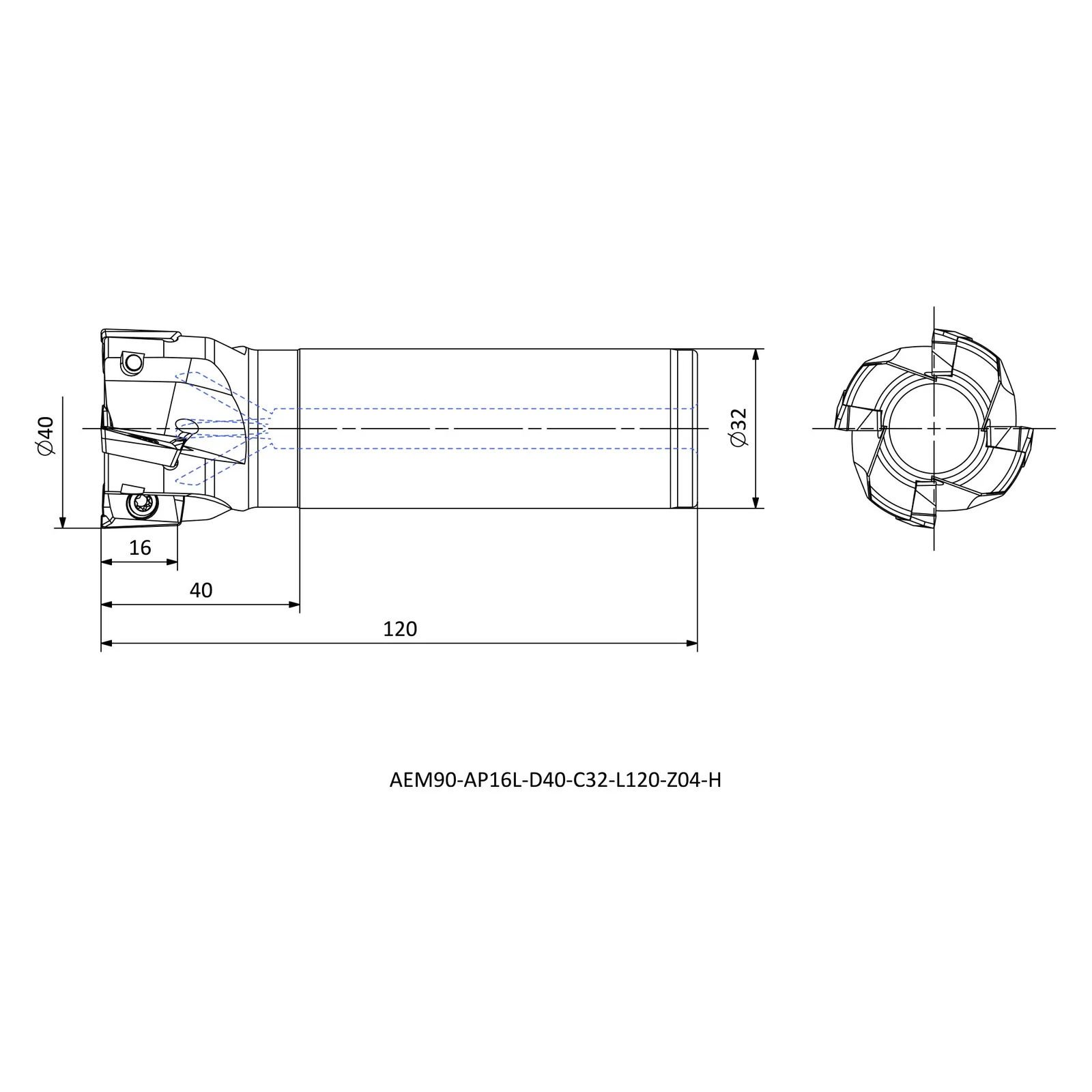 AEM90-AP16L-D40-C32-L120-Z04-H &mdash; dimensioned drawing