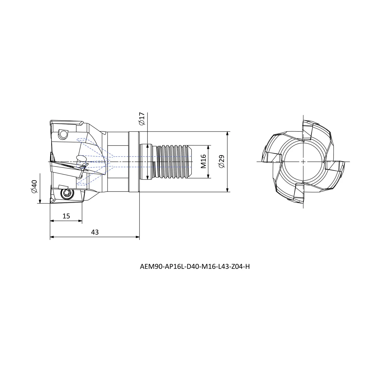 AEM90-AP16L-D40-M16-L43-Z04-H &mdash; dimensioned drawing