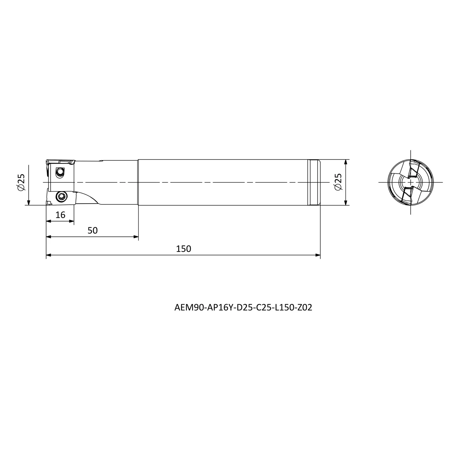 AEM90-AP16Y-D25-C25-L150-Z02 &mdash; dimensioned drawing