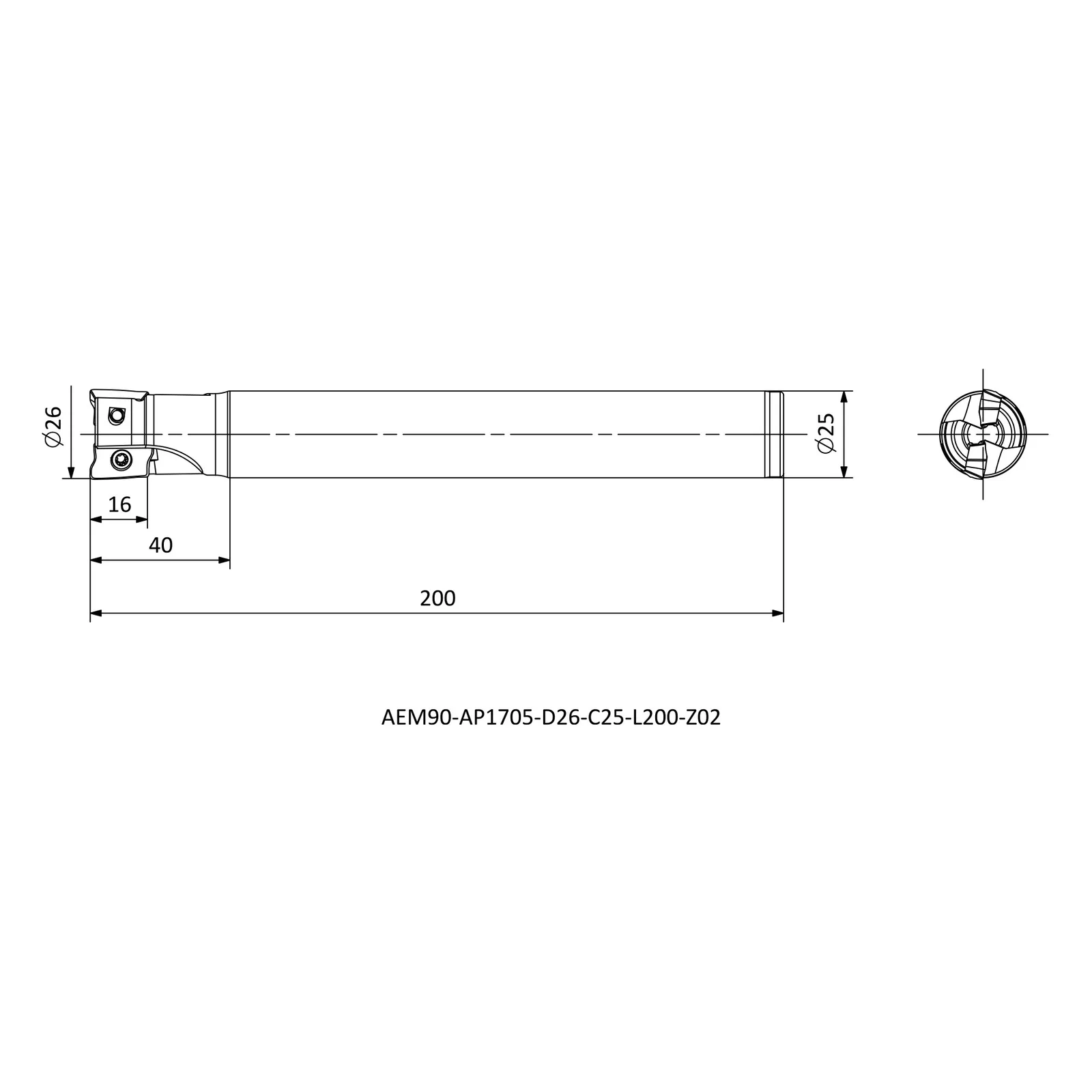 AEM90-AP1705-D26-C25-L200-Z02 &mdash; dimensioned drawing