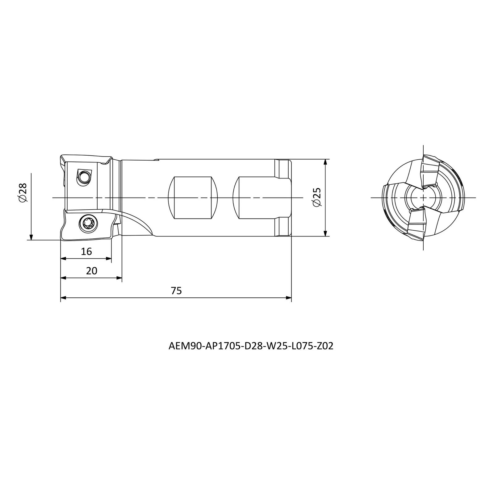 AEM90-AP1705-D28-W25-L075-Z02 &mdash; dimensioned drawing