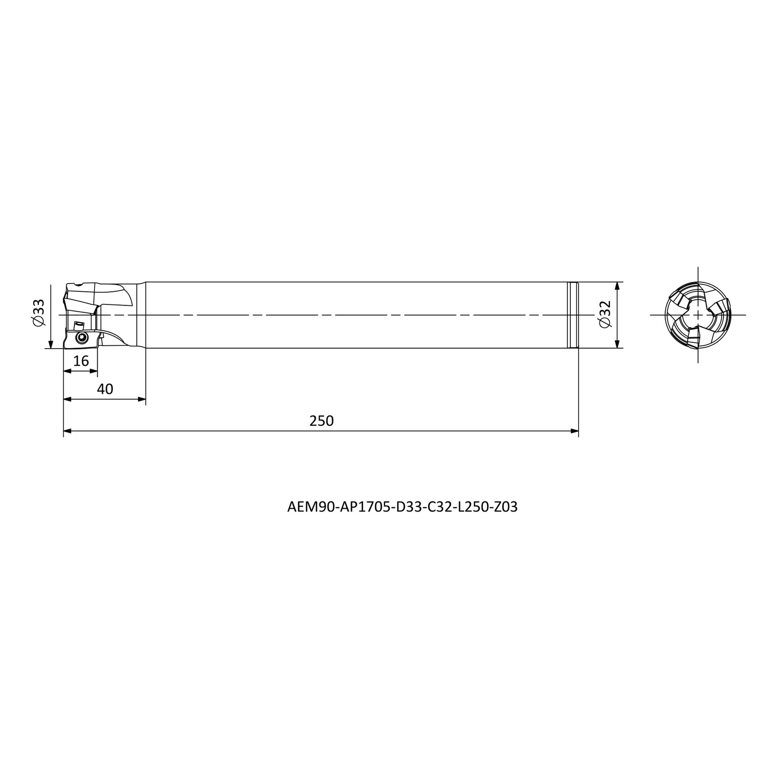 AEM90-AP1705-D33-C32-L250-Z03 &mdash; dimensioned drawing