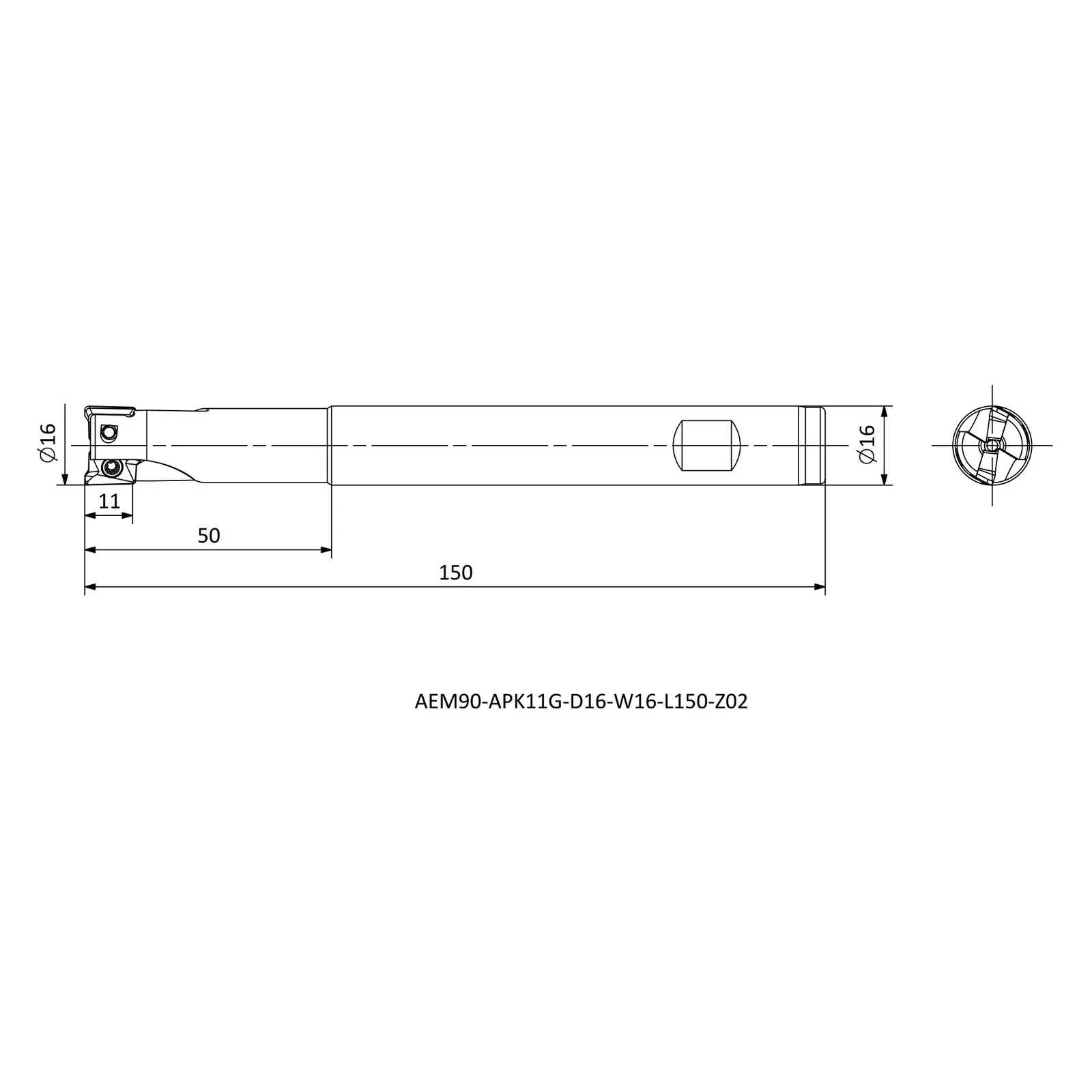 AEM90-APK11G-D16-W16-L150-Z02 &mdash; dimensioned drawing