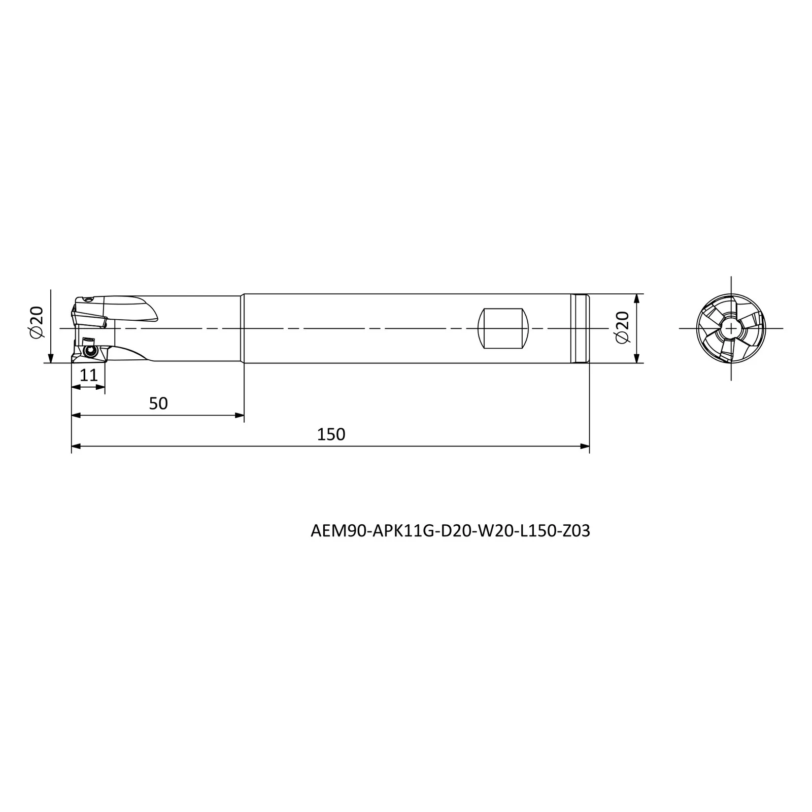 AEM90-APK11G-D20-W20-L150-Z03 &mdash; dimensioned drawing