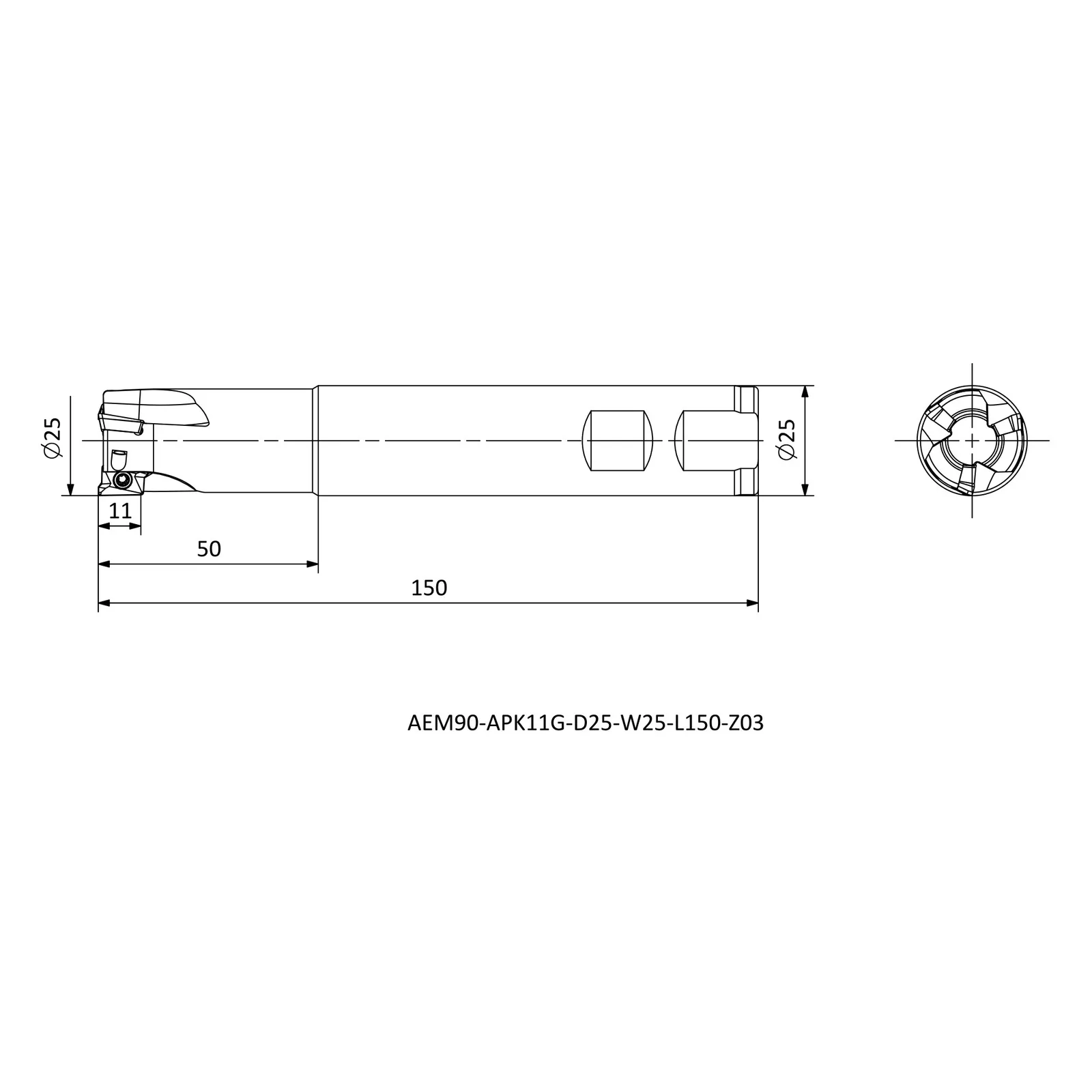 AEM90-APK11G-D25-W25-L150-Z03 &mdash; dimensioned drawing
