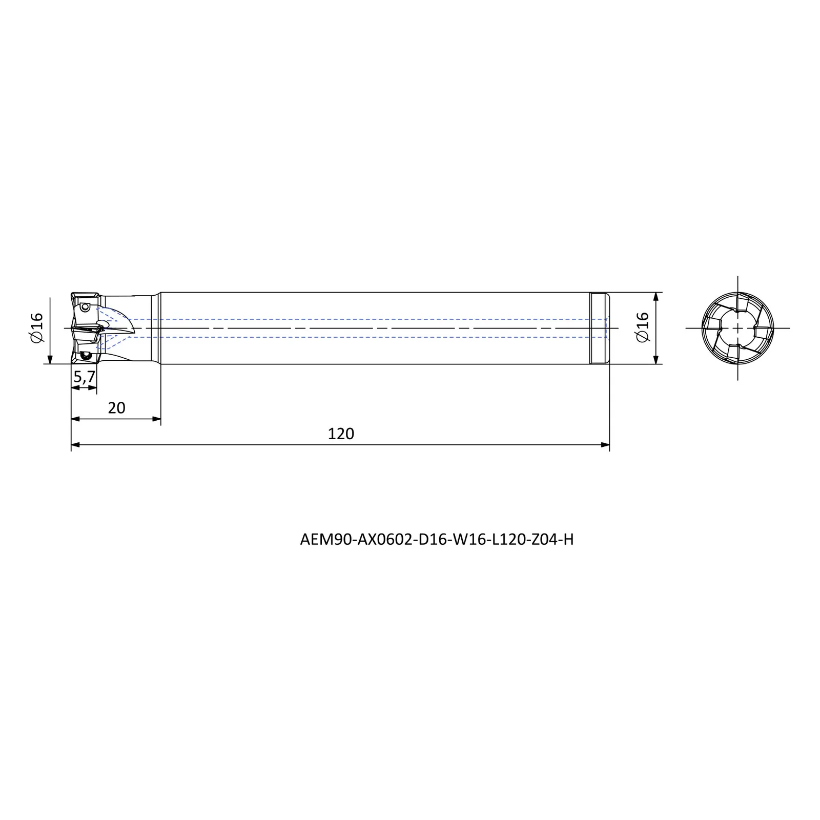 AEM90-AX0602-D16-W16-L120-Z04-H &mdash; dimensioned drawing